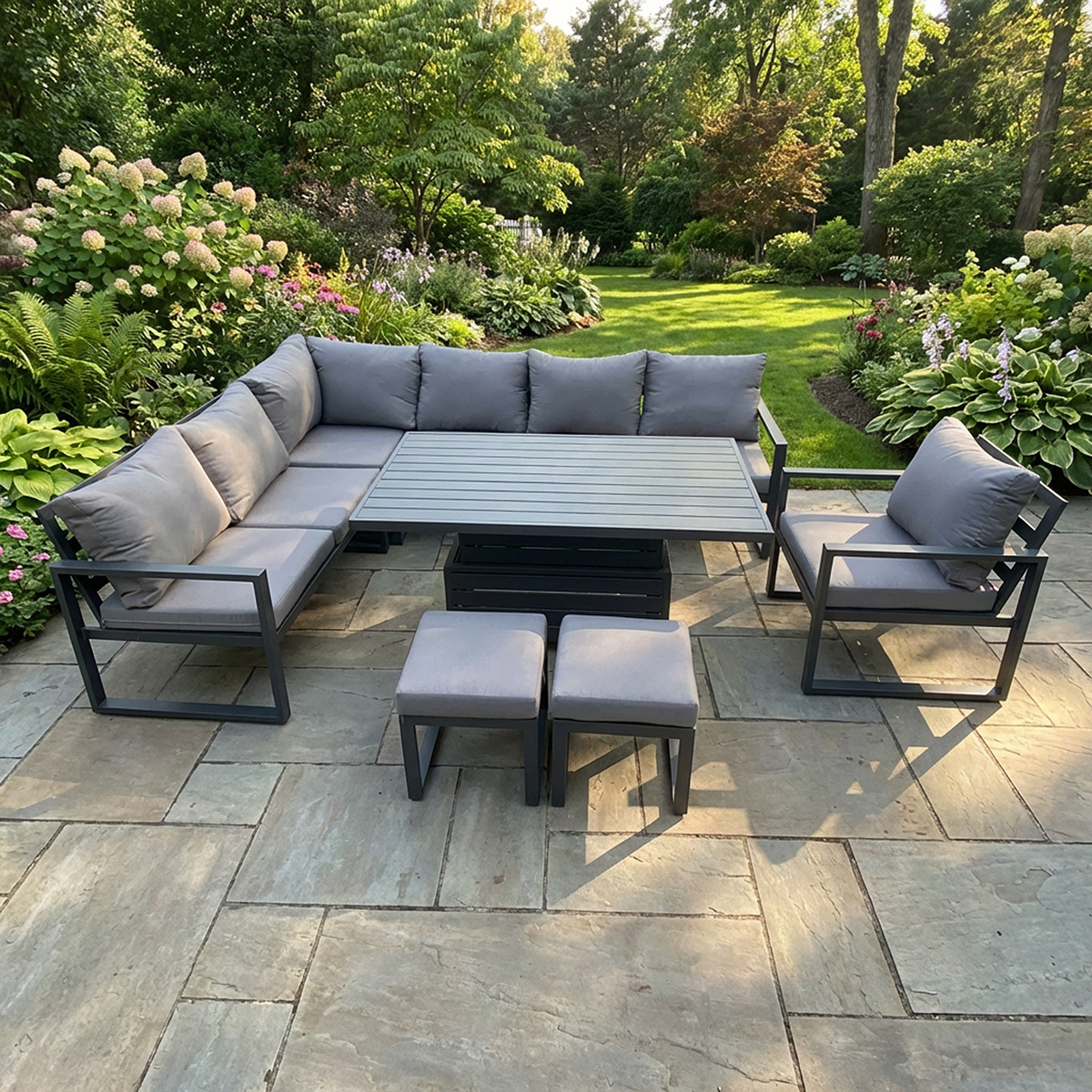 Fimous Dark/Grey 9 Seater Aluminium Garden Furniture Sets With Adjustable Rising Dining Table, 2 Footstools, Corner Sofa