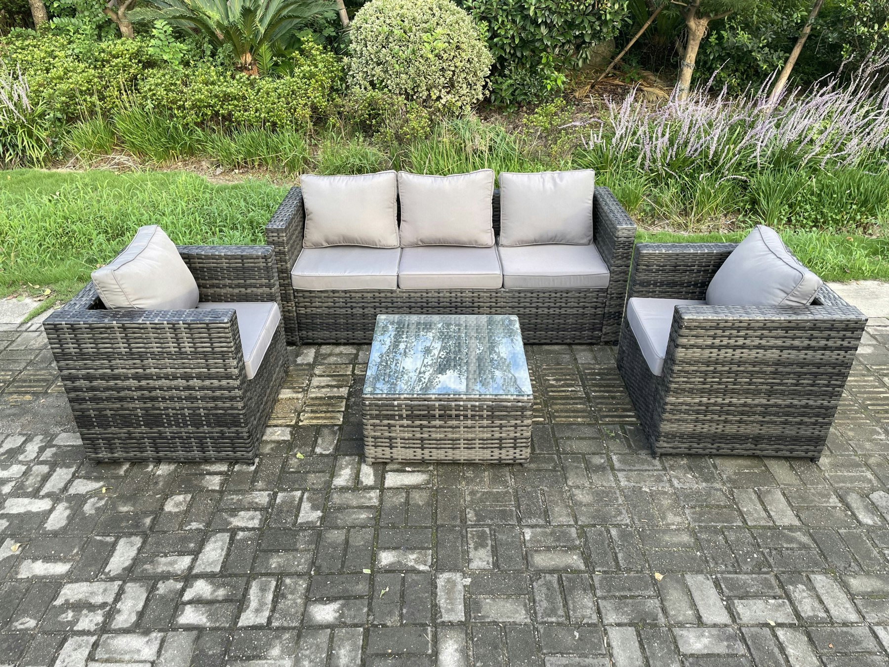 Rackhams Dark/Grey Outdoor Lounge Sofa Set Wicker Pe Rattan Garden Furniture Set With Armchair Square Coffee Table Mixed