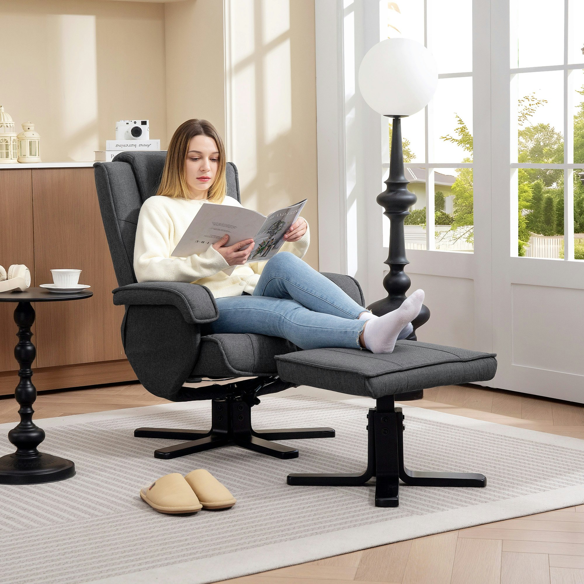 Rackhams Grey Rocker Swivel Recliner Chair With Footstool, Linen Upholstered - Charcoal - 67W X 87D X 96H Cm - Linen