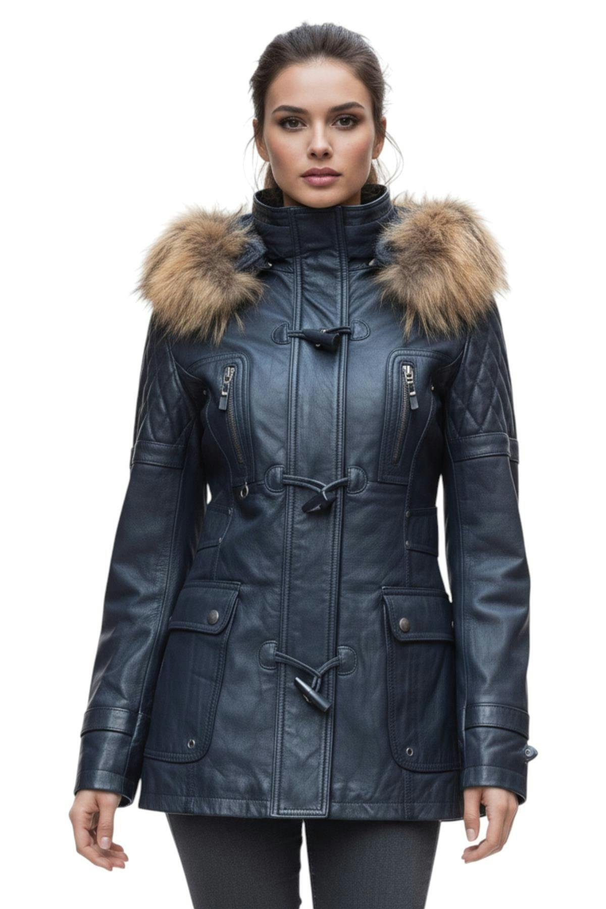 Infinity Leather Women's Quilted Leather Parka Jacket-Brussels - Navy - Uk 2XL/18 | Eu 44 | Us 14
