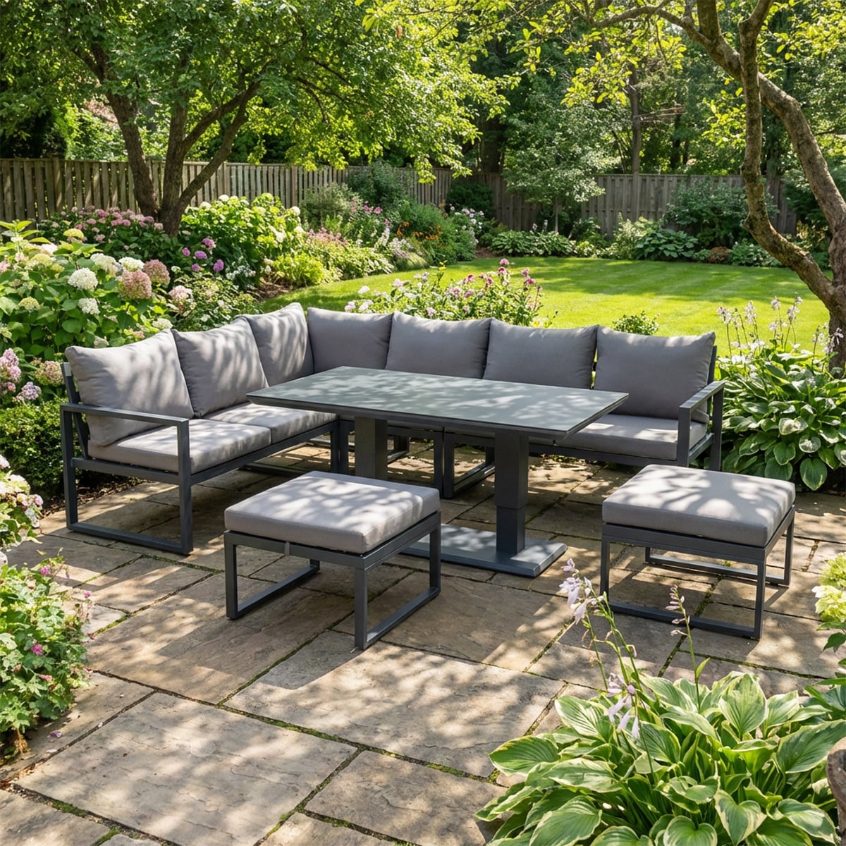 Fimous Dark/Grey 7 Seater Aluminum Outdoor Garden Furniture Set With Corner Sofa, 2 Footstools, Rising Dining Table