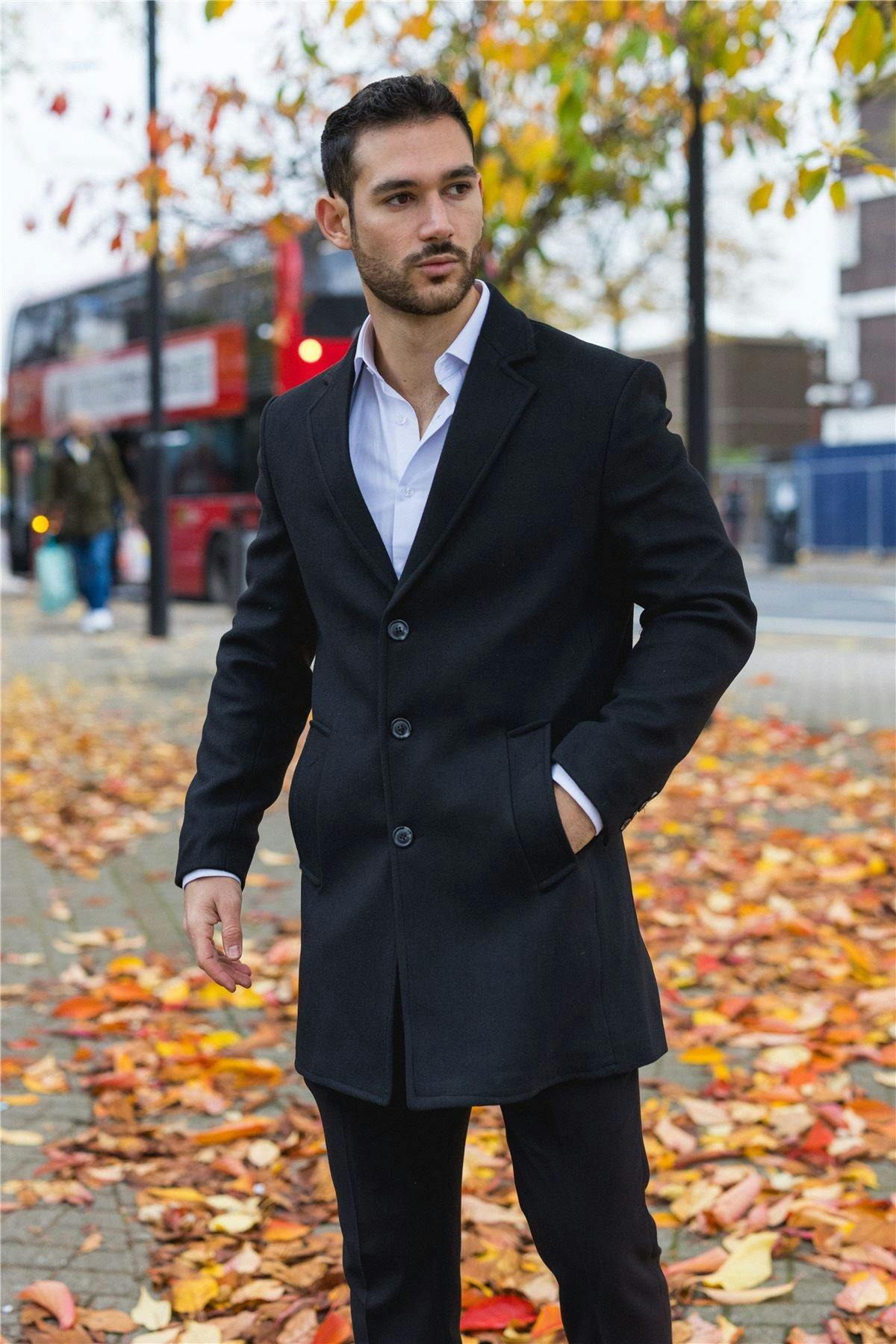 Infinity Leather Men's Black Notched Lapel Collar Wool Blend Overcoat - 48