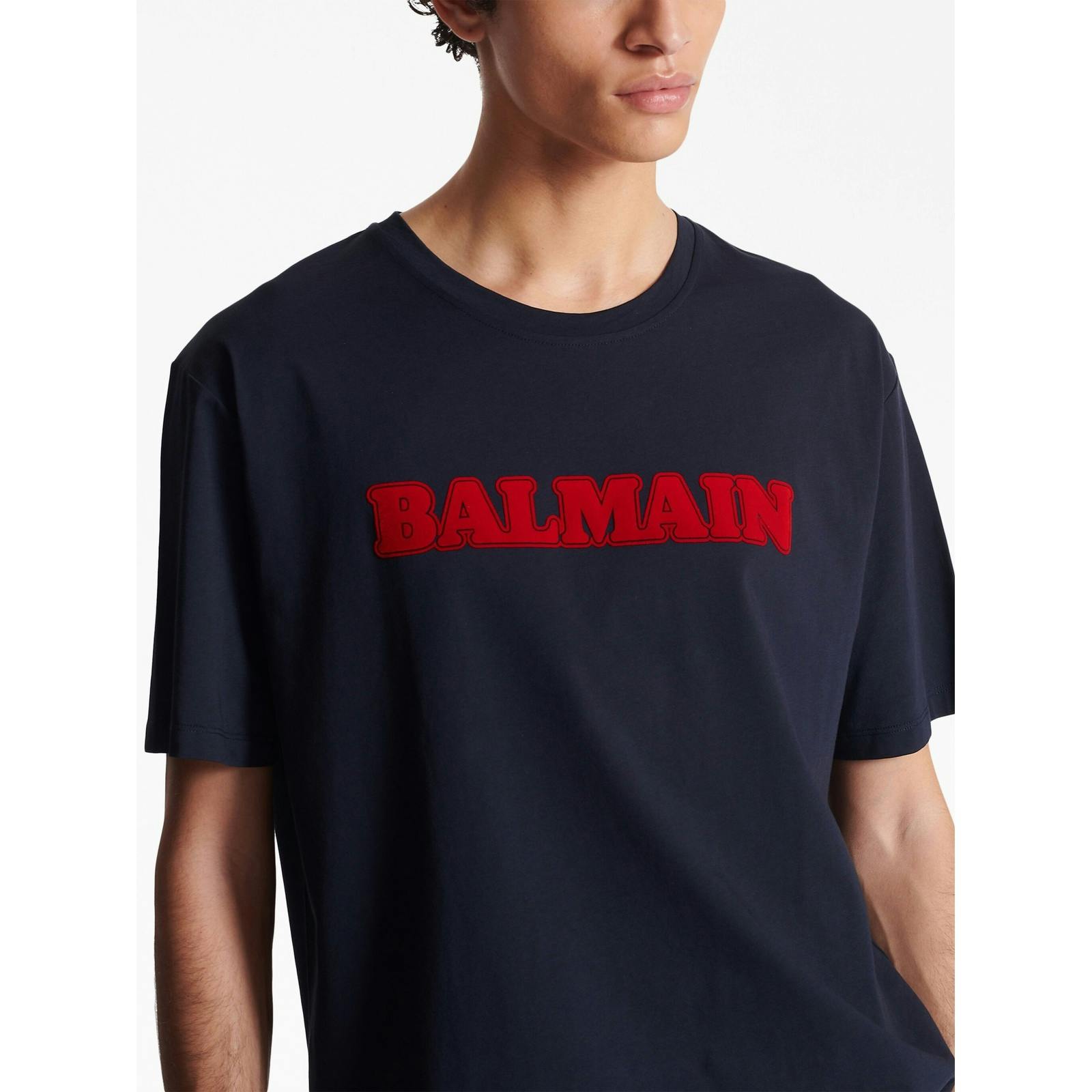 Balmain Red Flocked Logo Retro T-Shirt In Navy - Xs - Navy