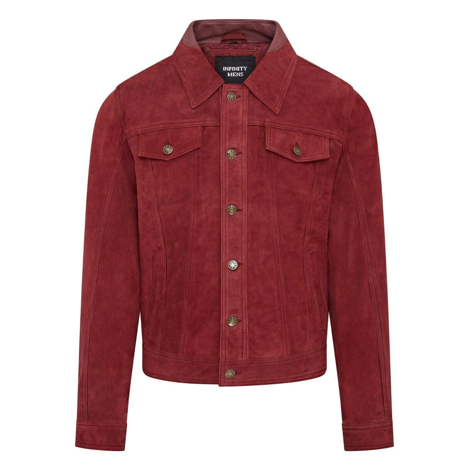 Infinity Leather Men's Burgundy Trucker Goat Suede Western Leather Jeans Jacket - Yangon - Uk 3XL | Eu 56 | Us 46