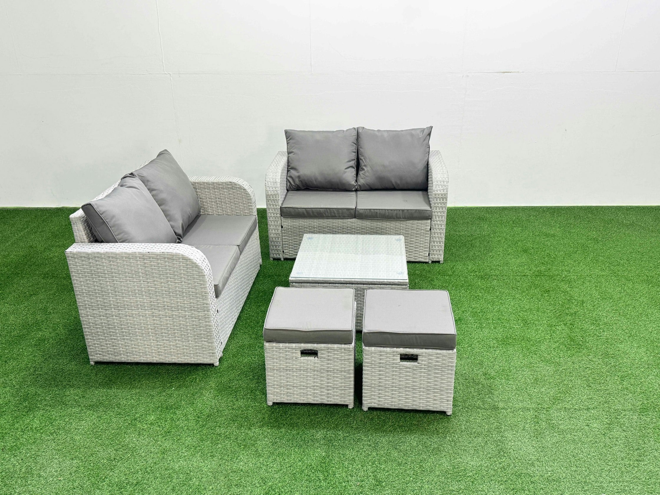 Rackhams Light/Grey 6 Seater Outdoor Love Sofa Set Rattan Garden Furniture Set With Square Coffee Table 2 Small Stools