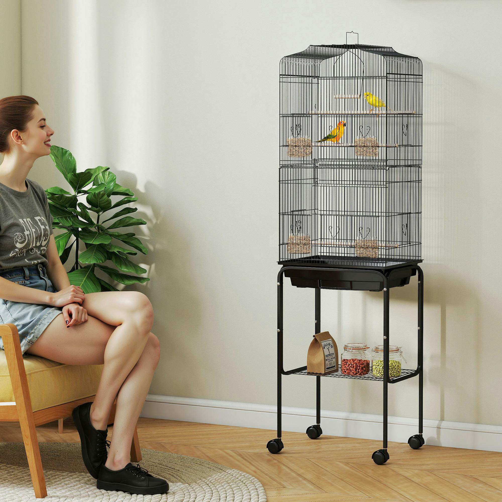 Pawhut White/Black Bird Cage For Budgie Finch Canary Parakeet W/ Stand Sliding Tray - 46.5 X 36 X 157 Cm