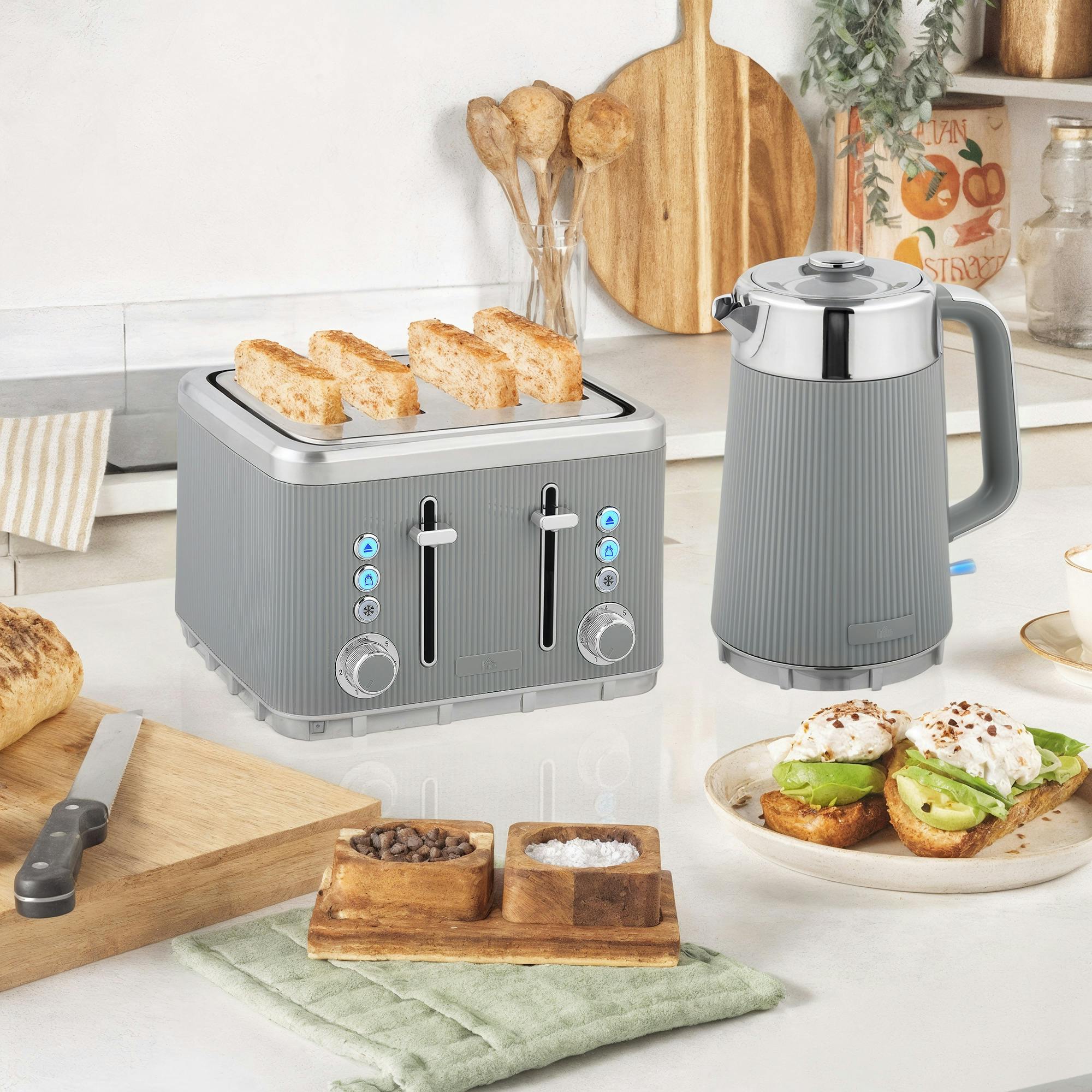 Homcom Black 1.7L 3000W Rapid Boil Kettle And 4 Slice Toaster Set Crumb Tray - Taupe