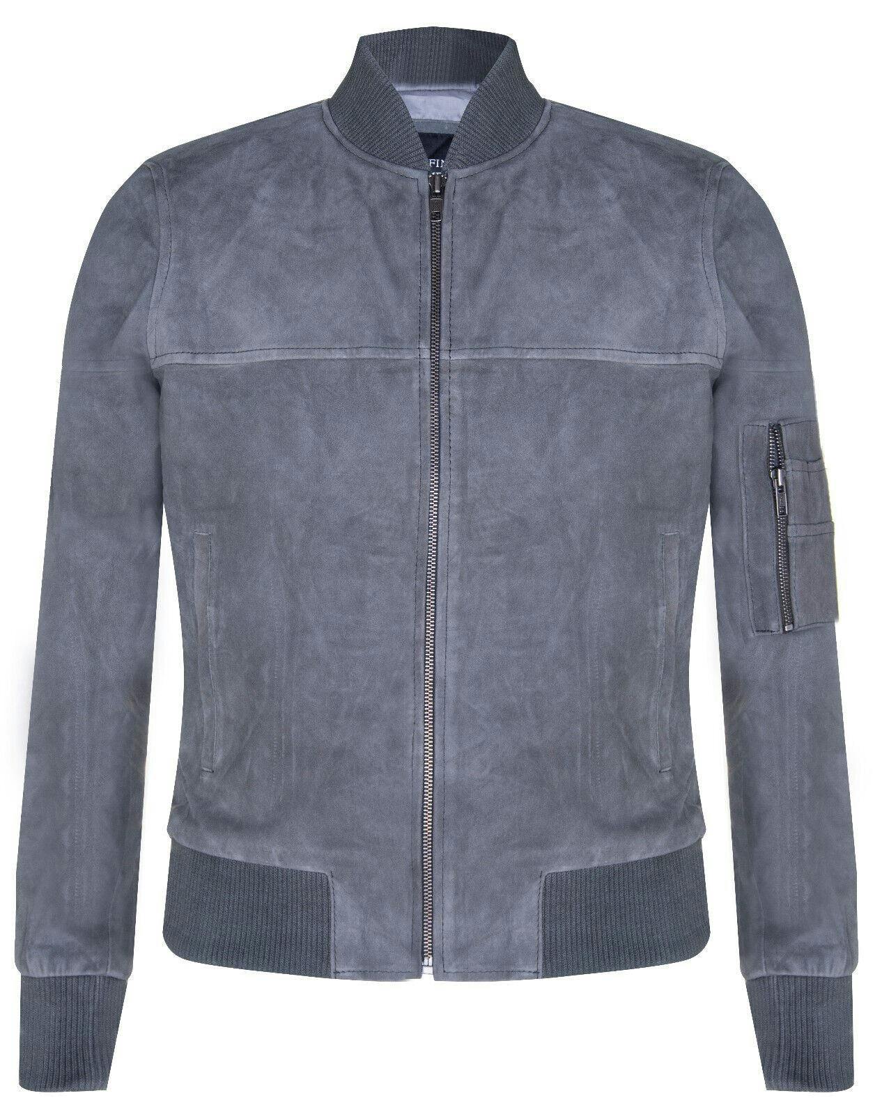 Infinity Leather Men's Grey Suede Leather Ma-1 Varsity Bomber Jacket - Uk Xs | Eu 44 | Us 34