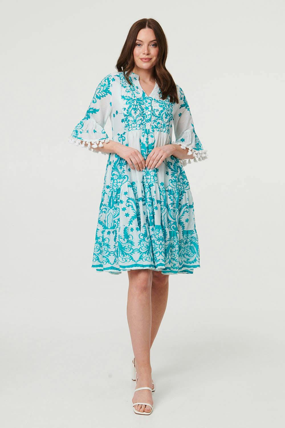 Izabel London Blue Printed Tassel Sleeve Knee Length Dress - 12