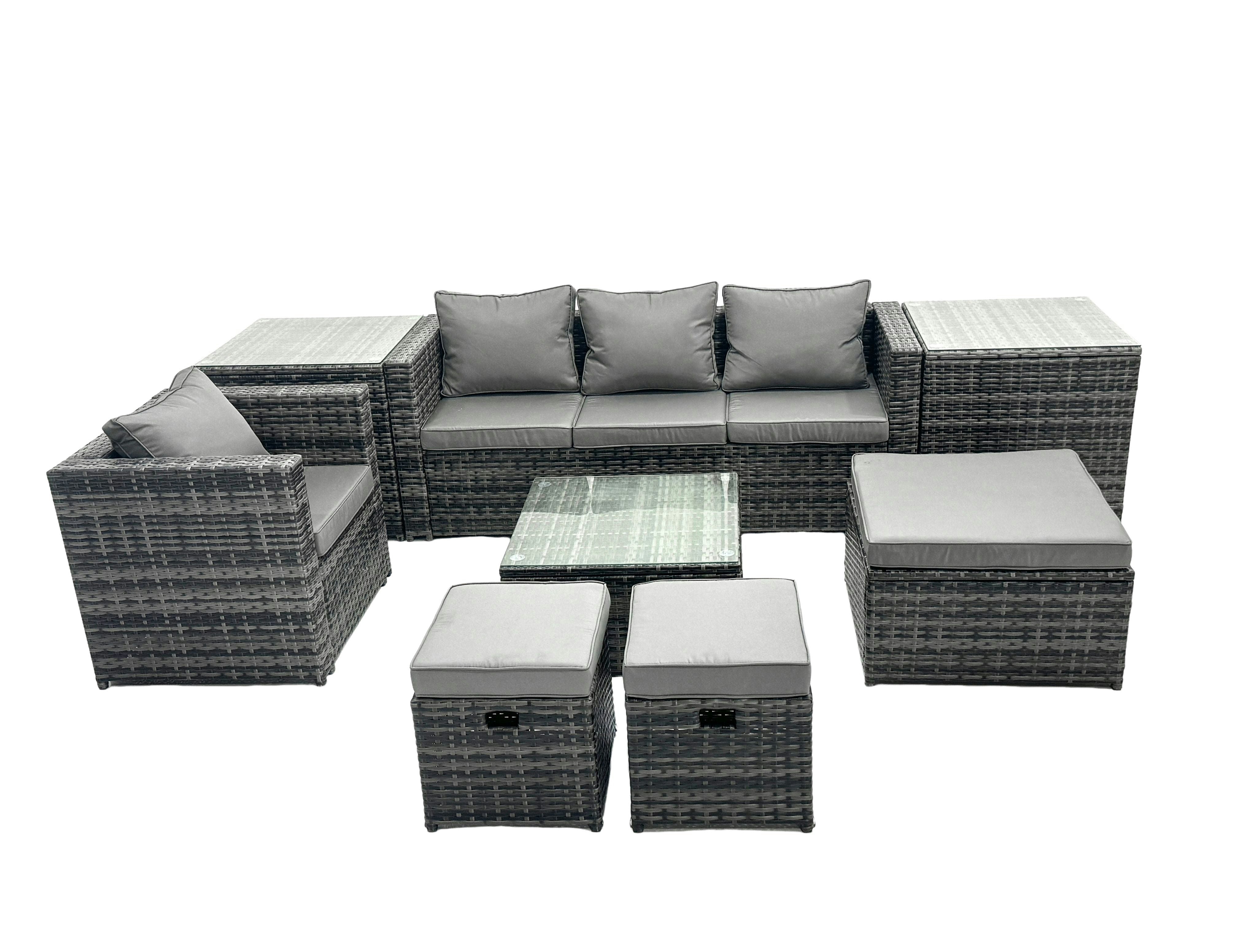 Rackhams Dark/Grey Outdoor Rattan Garden Furniture Set 7 Seater Patio Lounge Sofa Set With Armchair Square Coffee Table 2 Side Tables 3 Footstools Mixed