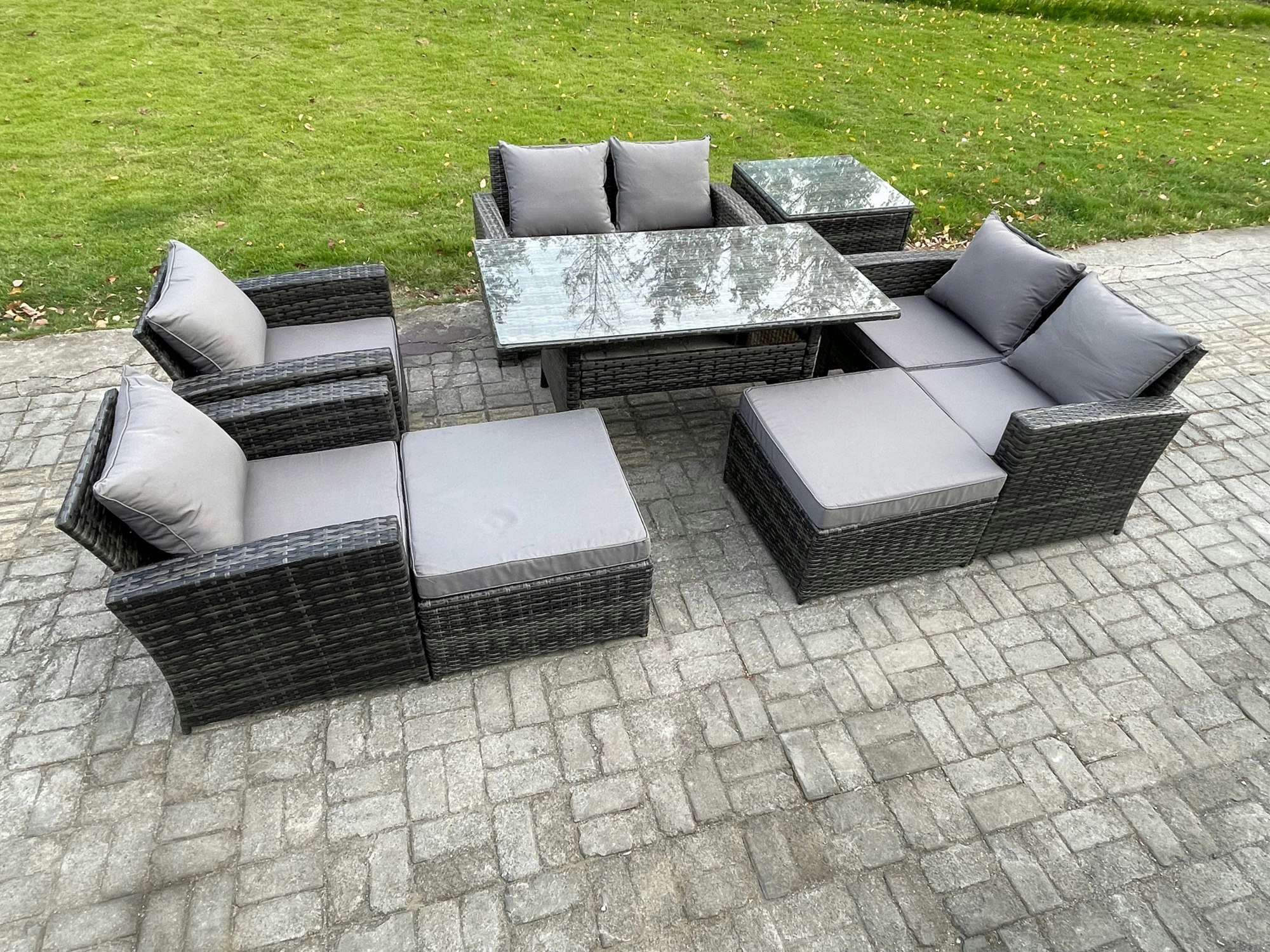 Rackhams Dark/Grey Garden Furniture Sets 8 Pieces Rattan Furniture Handmade Wicker Patio Sofa Set With 2 Big Footstool Side Table Mixed