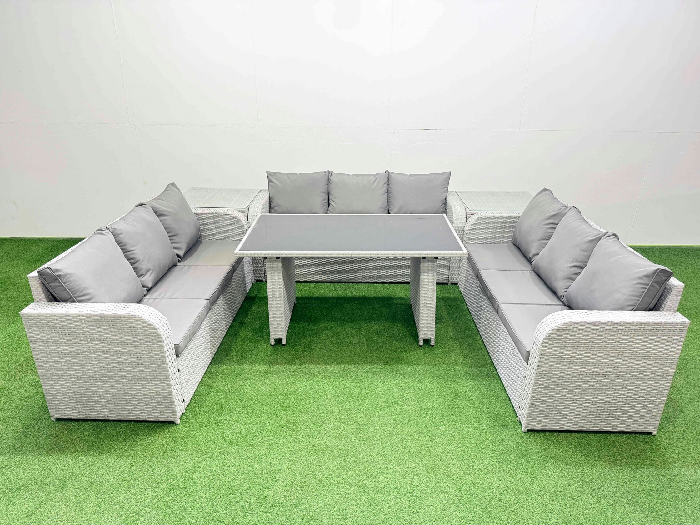 Fimous Black/Light/Grey Patio Garden Furniture Sets With Glass Top Dining Table 3 Seater Sofa 2 Side Tables