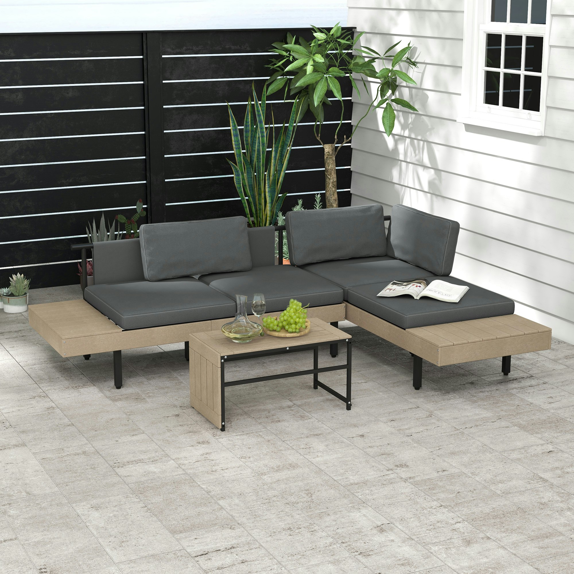 Outsunny Grey Hdpe Garden Furniture Sets With Cushions, Table, L-Shaped Sofa,