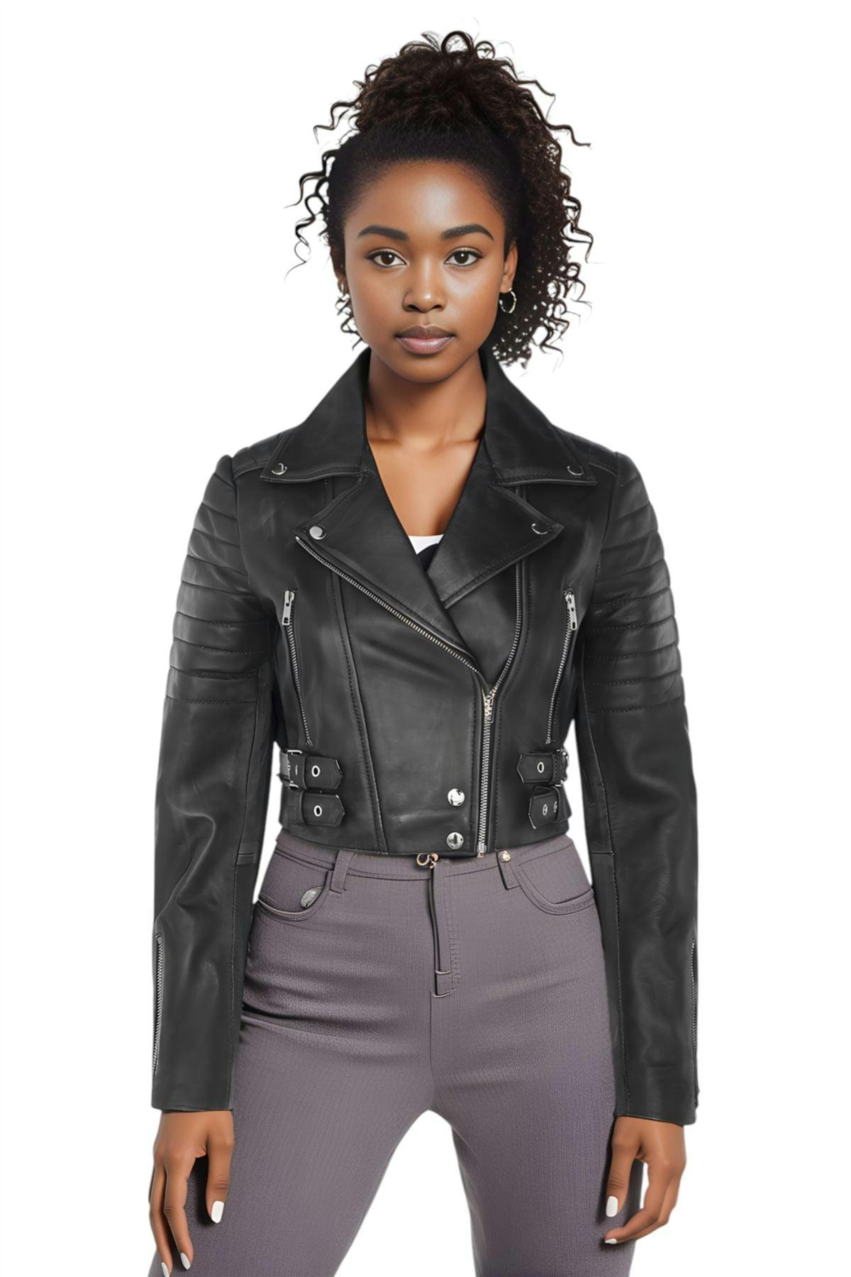 Infinity Leather Women's Black Cropped Brando Leather Biker Jacket-Damascus - Uk Xs/8 | Eu 34 | Us 4