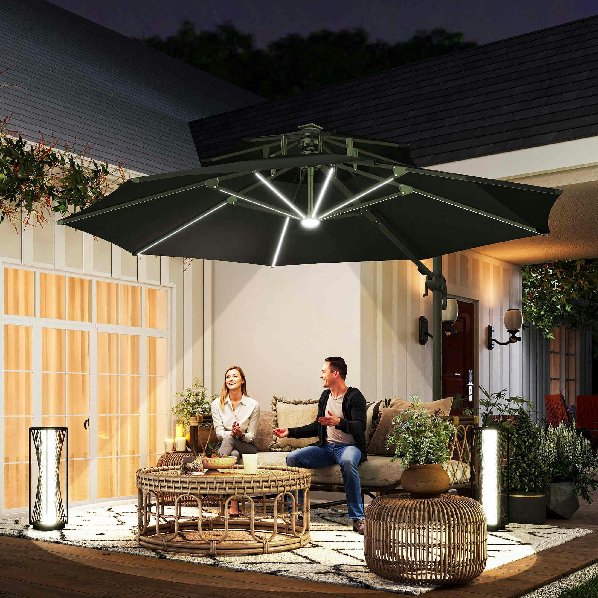 Rackhams Beige/Dark/Grey 3M Cantilever Parasol Solar Lights Power Bank Base 360° Spin - 330Cm X 330Cm X 280Cm
