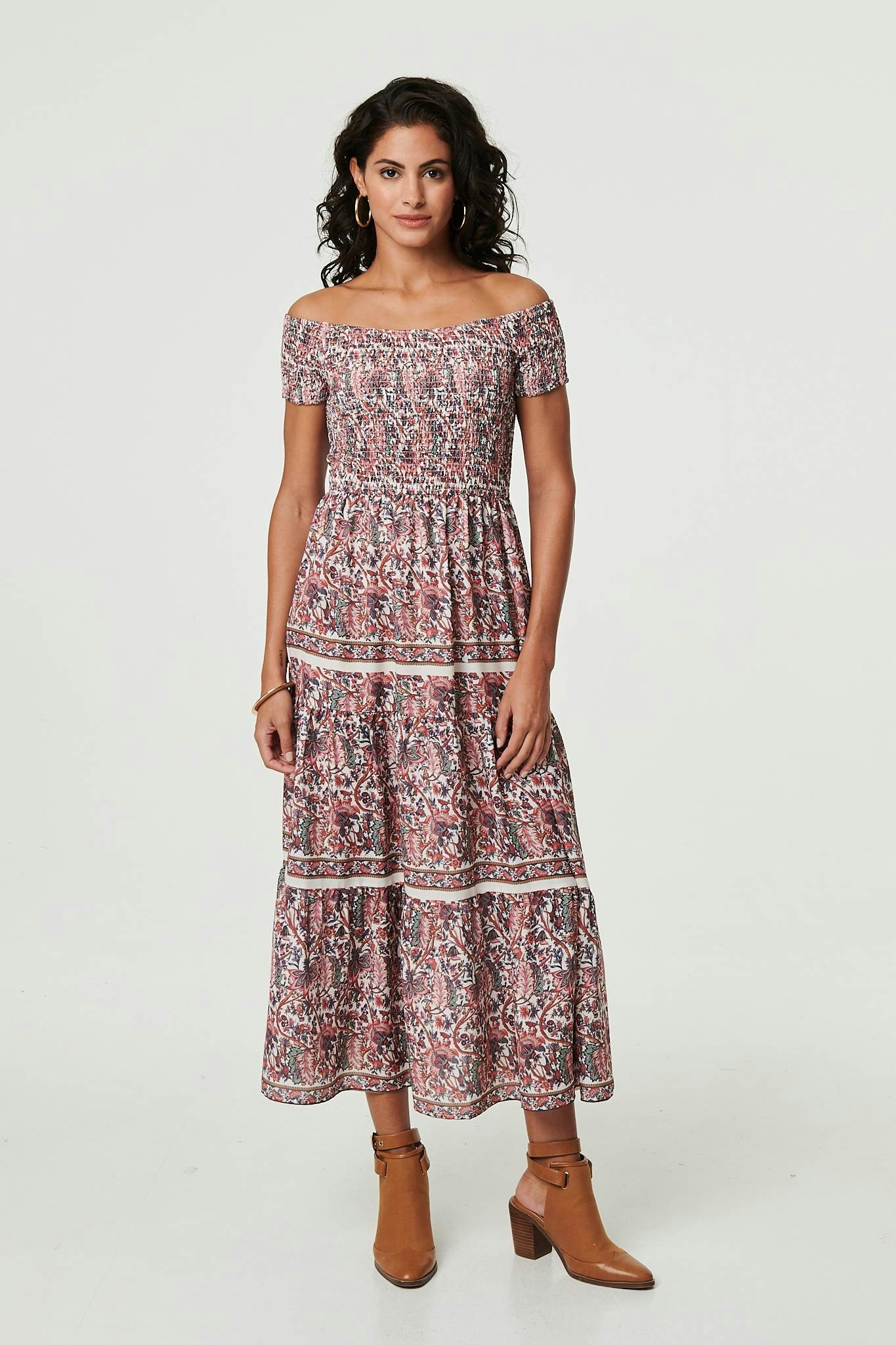 Izabel London Pink Ditsy Floral Bardot Smocked Midi Dress - 12