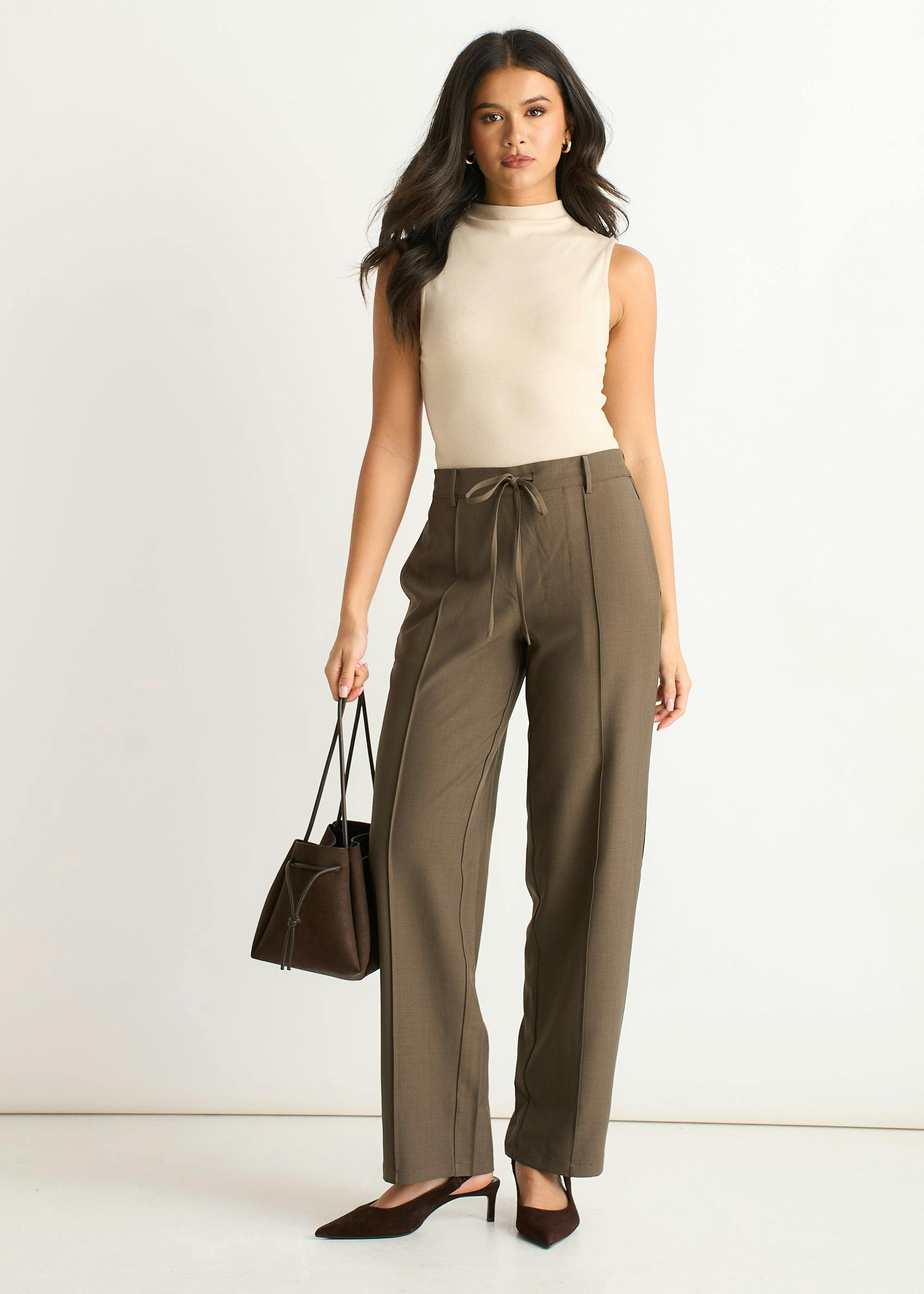 Gini London Olive Drawstring Tailored Trousers - Uk 14 / Us 10 / Eu 42