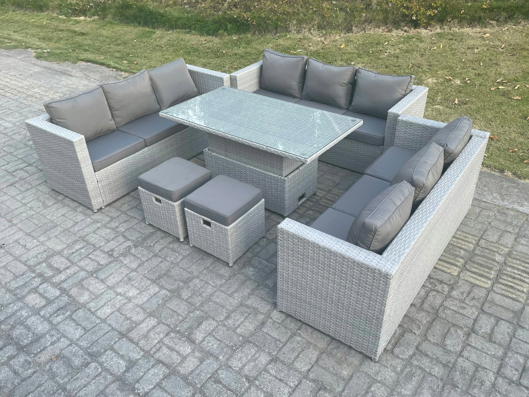 Fimous Light/Grey U Shape Lounge Rattan Garden Furniture Set Adjustable Rising Lifting Table Dining Set 2 Stools