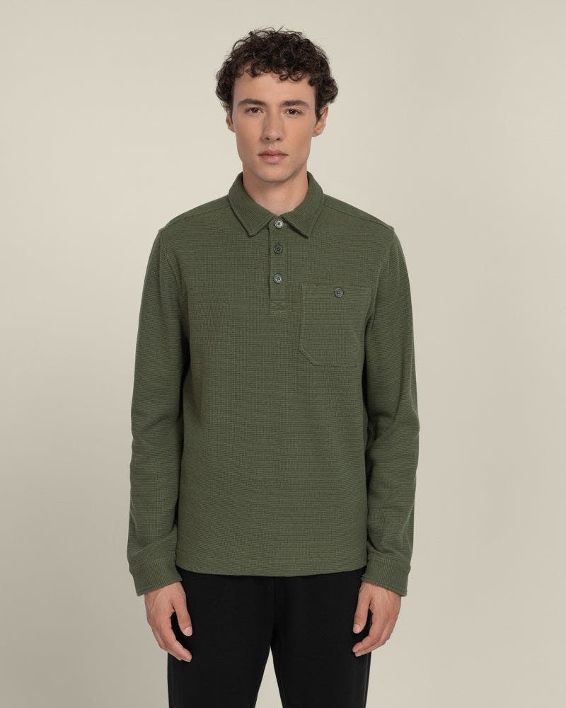Larsson & Co Aarhus - Textured Long Sleeve Polo Shirt - L - Khaki