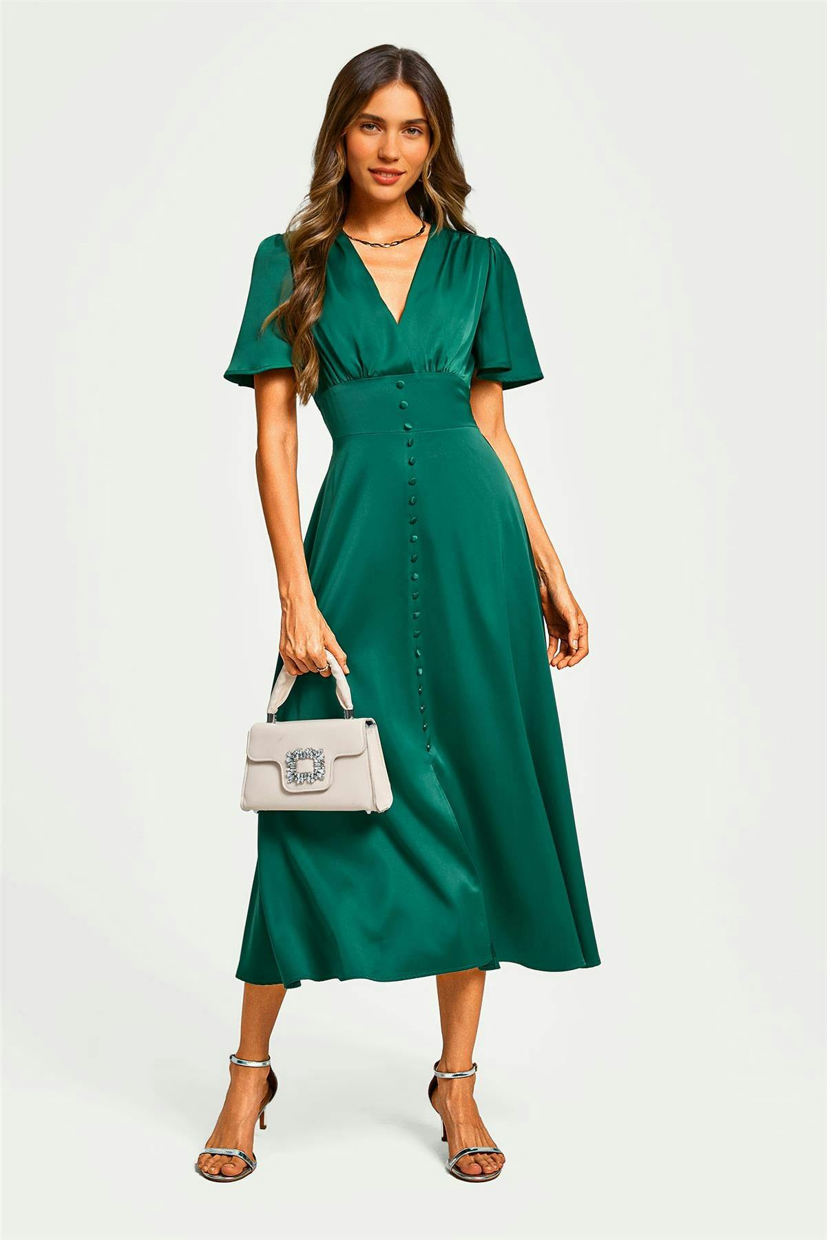 Fs Collection Green Satin V Neckline Button Detail Dress In - Xl