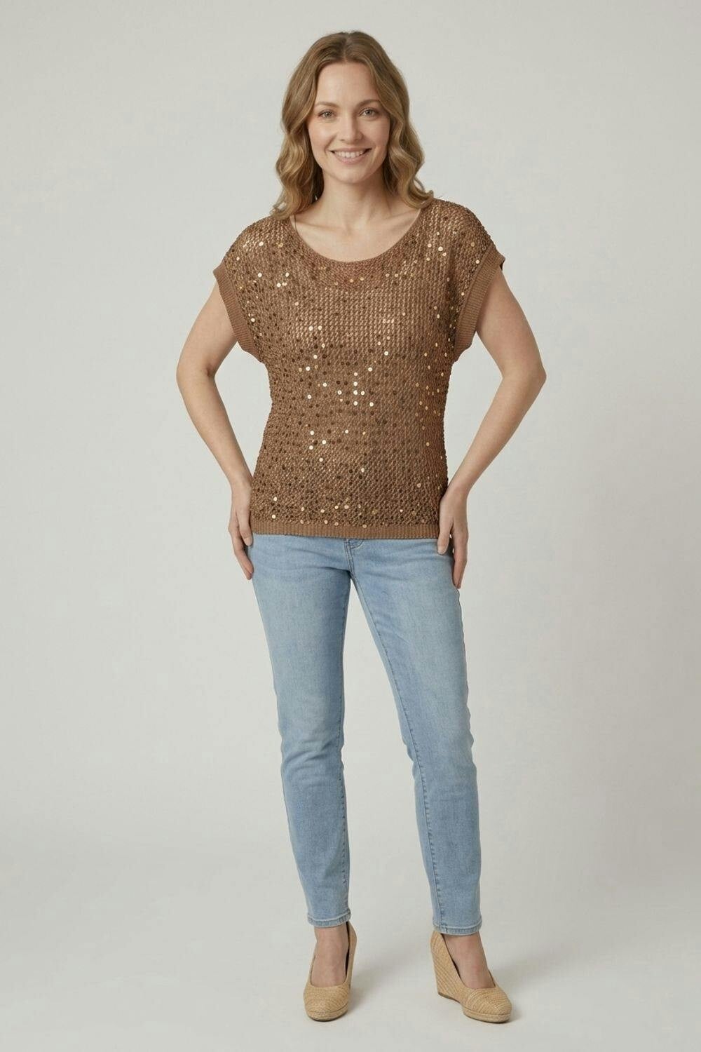 Izabel London Brown Sequin Embellished Mesh Cap Sleeve Top - S/M