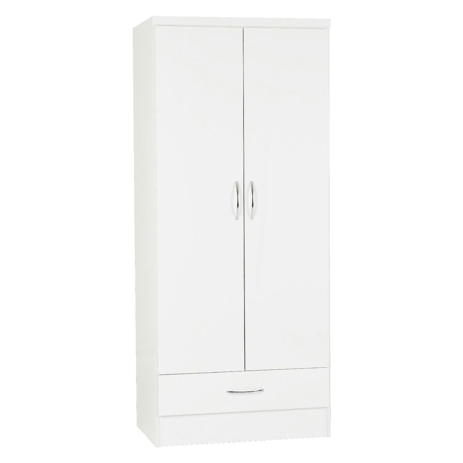 Seconique White Nevada 2 Door 1 Drawer Wardrobe - Gloss
