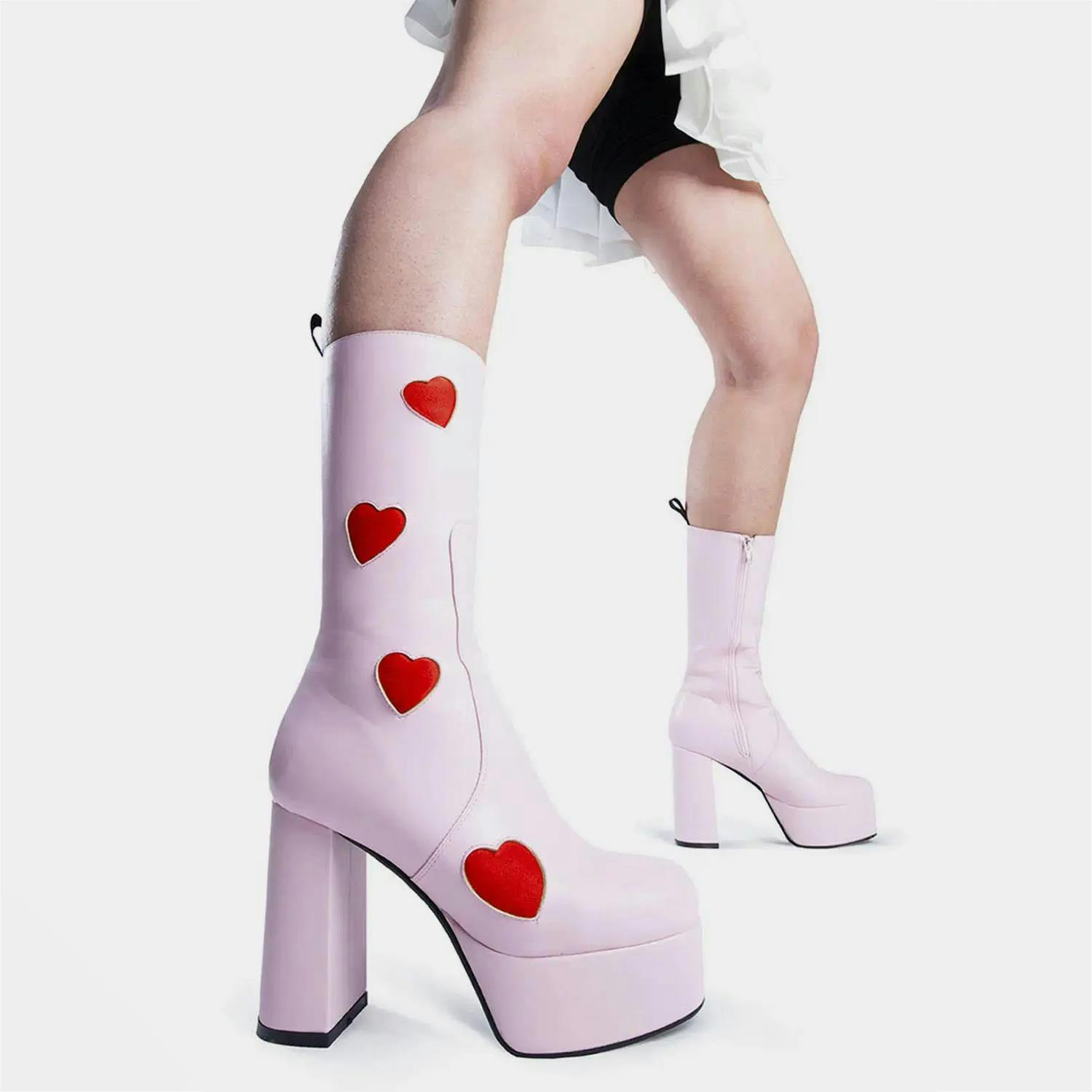 Lamoda Women's Pink/Red Game Of Love Pu Heart Platform Calf Boots Chunky Gothic - Uk7