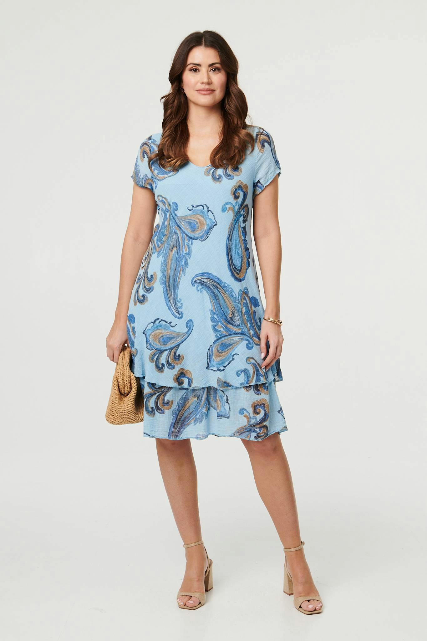 Izabel London Blue Floral Print Layered Knee Length Dress - 10