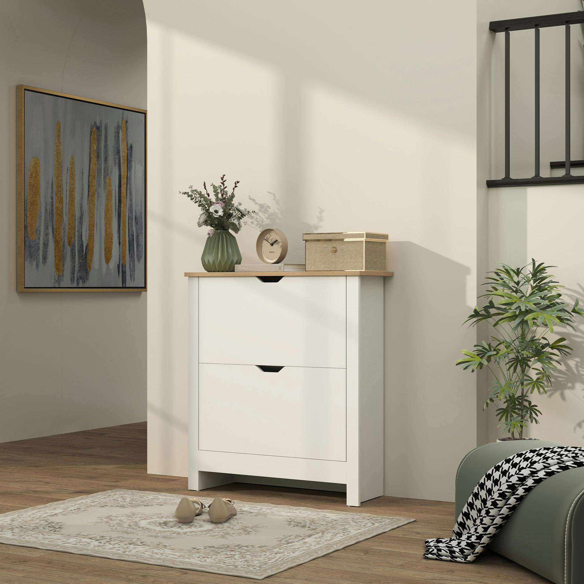 Rackhams Brown/White 12-Shoe Storage Cabinet 4 Shelves 2 Drawers Tabletop 4 Legs Modern - High Gloss Oak Tone Top - High Gloss - Particle Board
