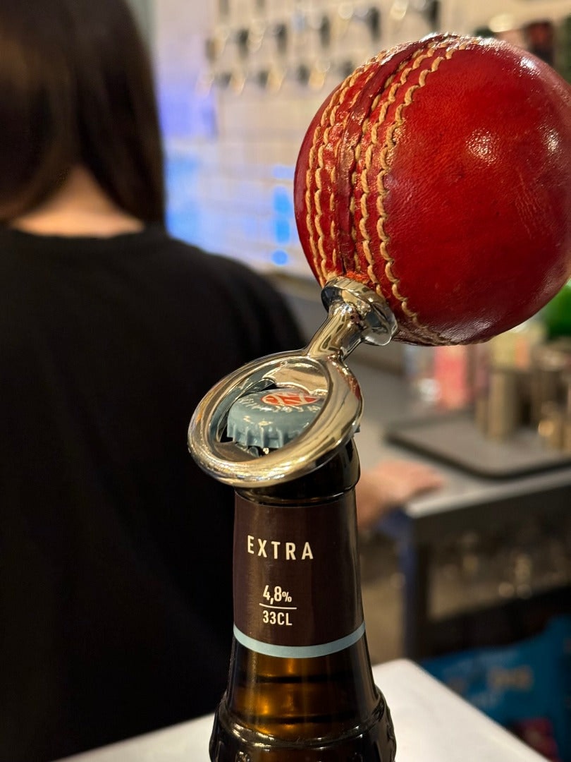 Cricket-Gifts - Real Cricket Ball Bottle Opener | Made From Genuine Leather | For Cricket Fans | Unique Bar Accessory