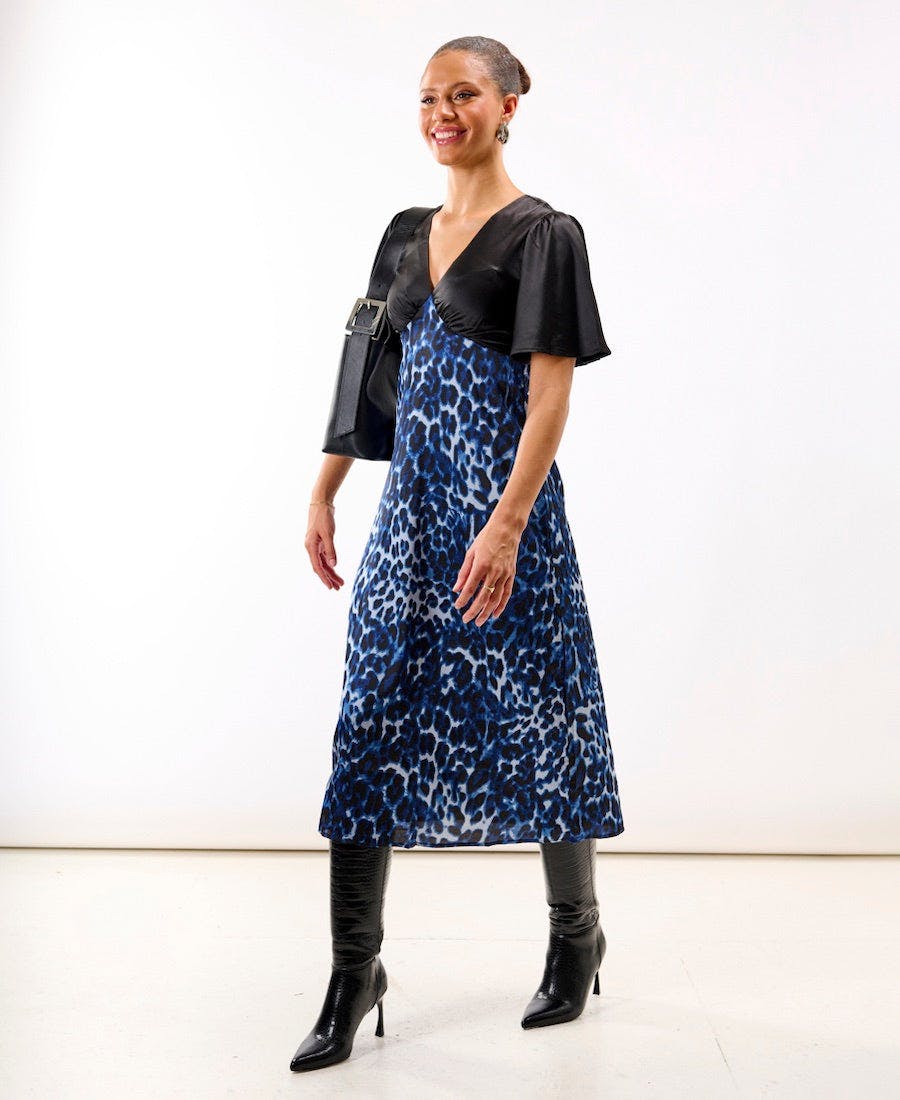 Needs No Label Blue Leopard Printed Satin Midi Dress - 12