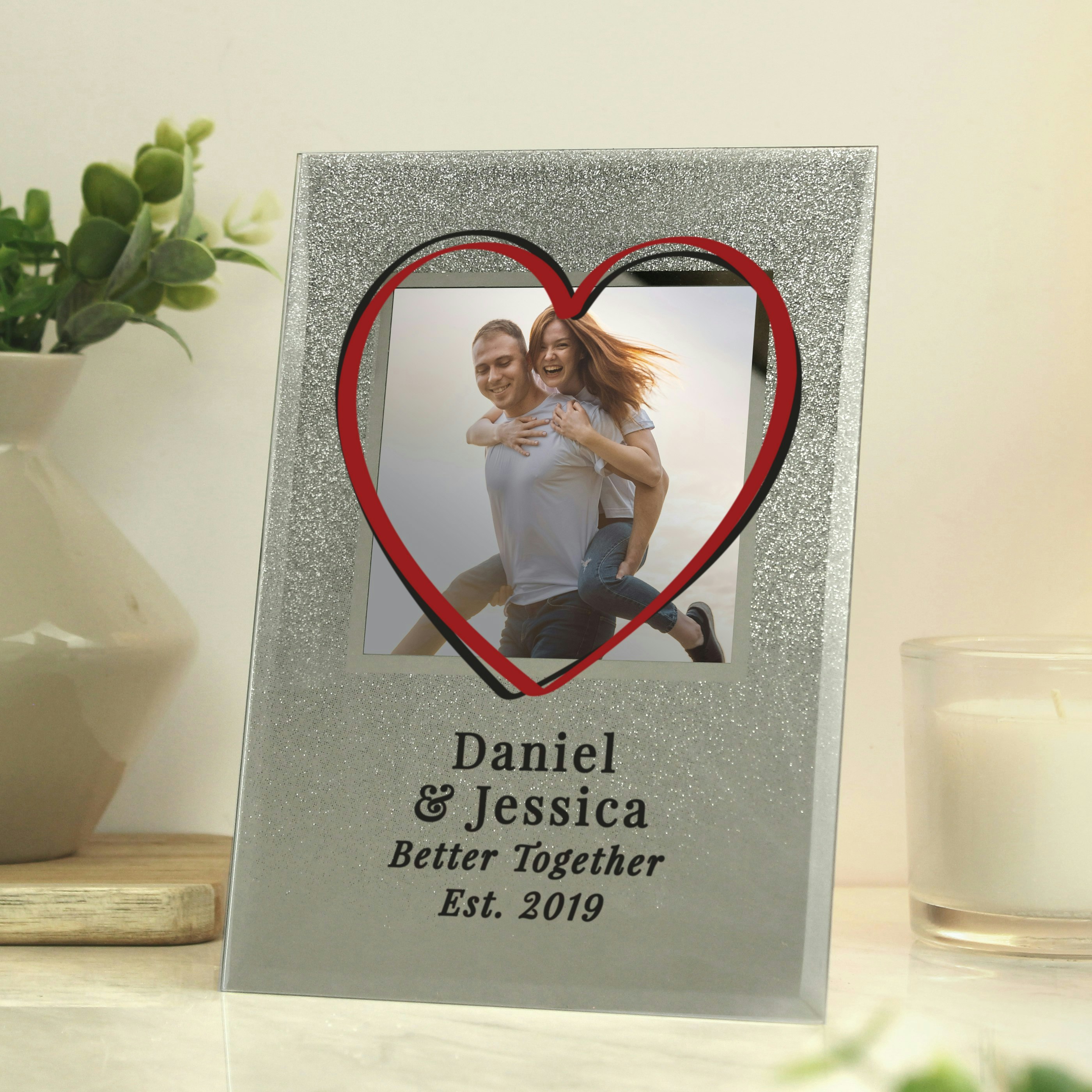 Personalised Memento Company Personalised Heart 4X4 Glitter Glass Photo Frame