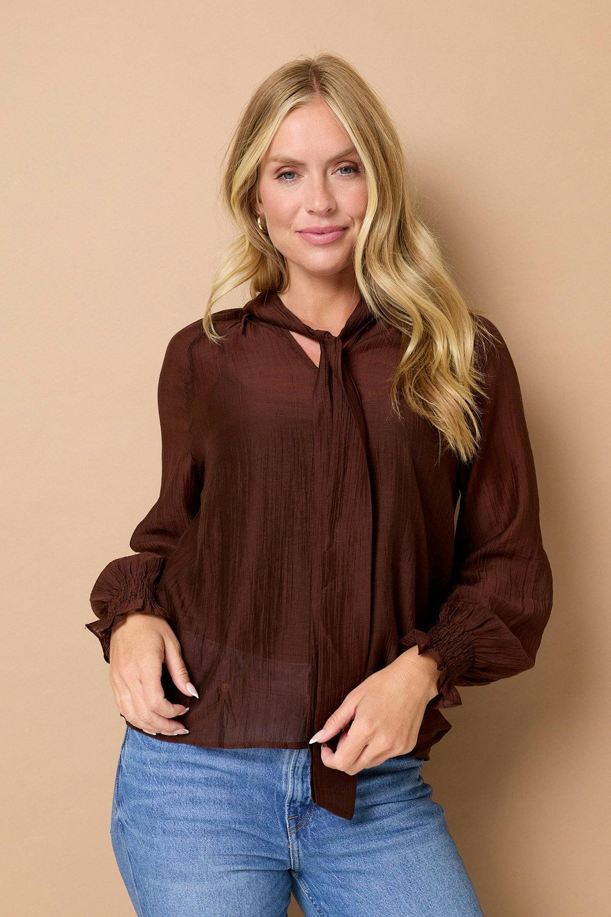 Izabel London Brown Tie Front High Neck Relaxed Blouse - 18