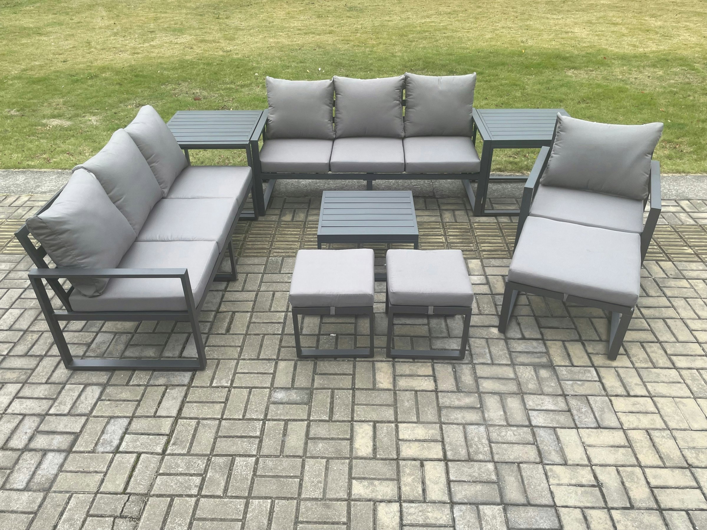 Fimous Dark/Grey Aluminium Outdoor Lounge Sofa Set Garden Furniture Sets With Square Coffee Table Chair 3 Footstools 2 Side Tables