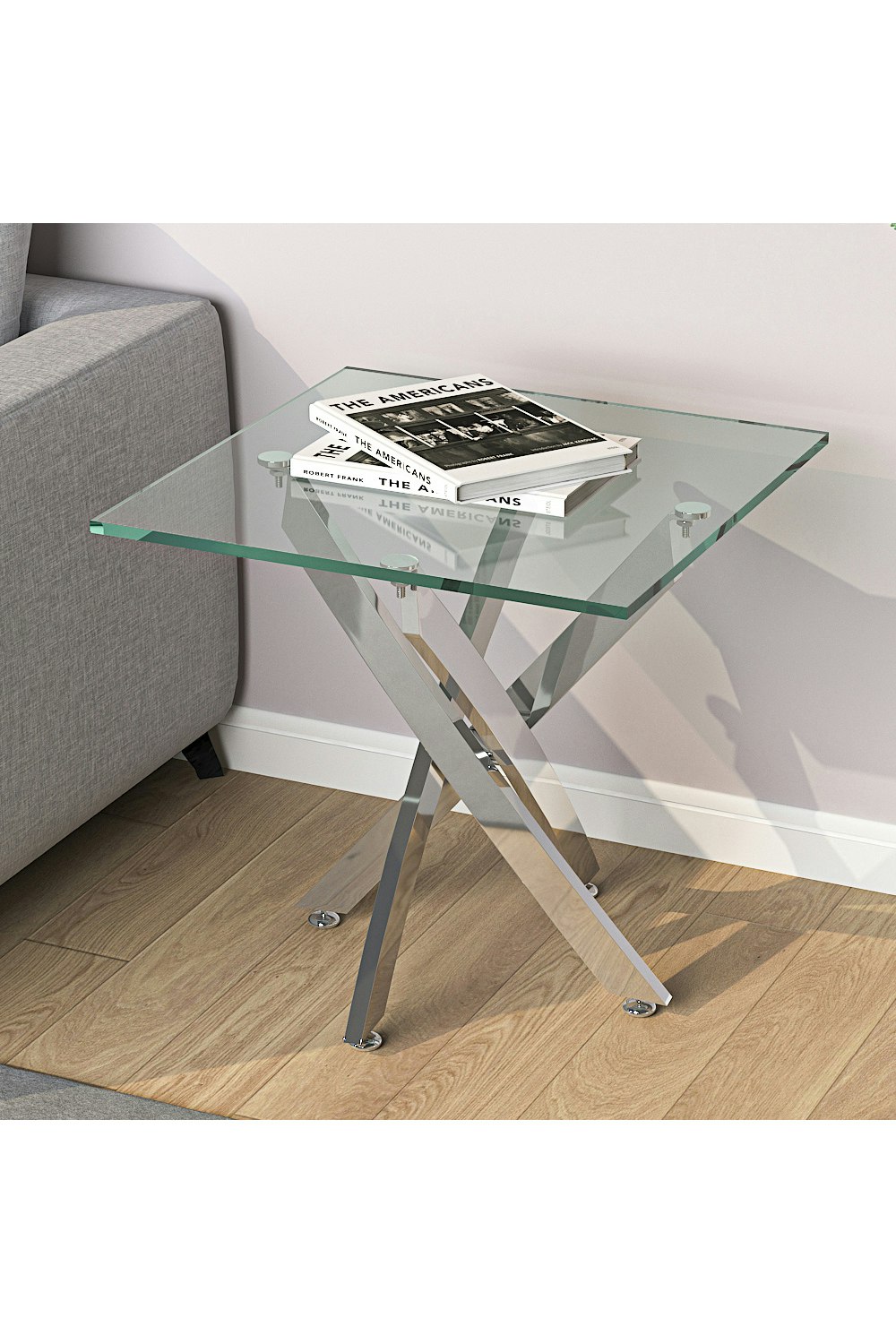 Rackhams Light Modern Square Tempered Glass Top Coffee End Table With Chrome Cross Leg - Clear
