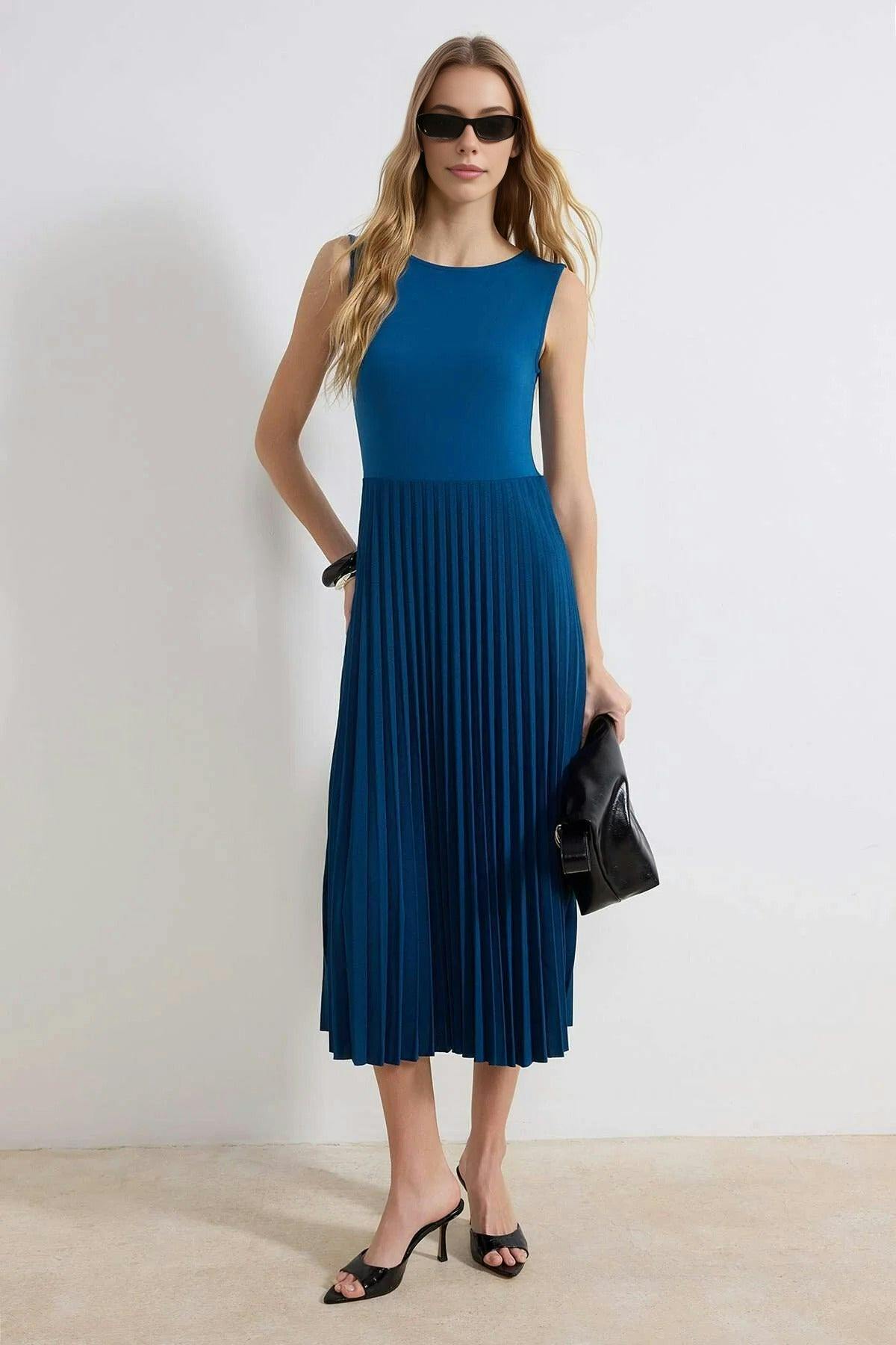 Wovcor Pleated Lined Sleeveless Stretch Knit Midi Dress - Royalblue - Xs