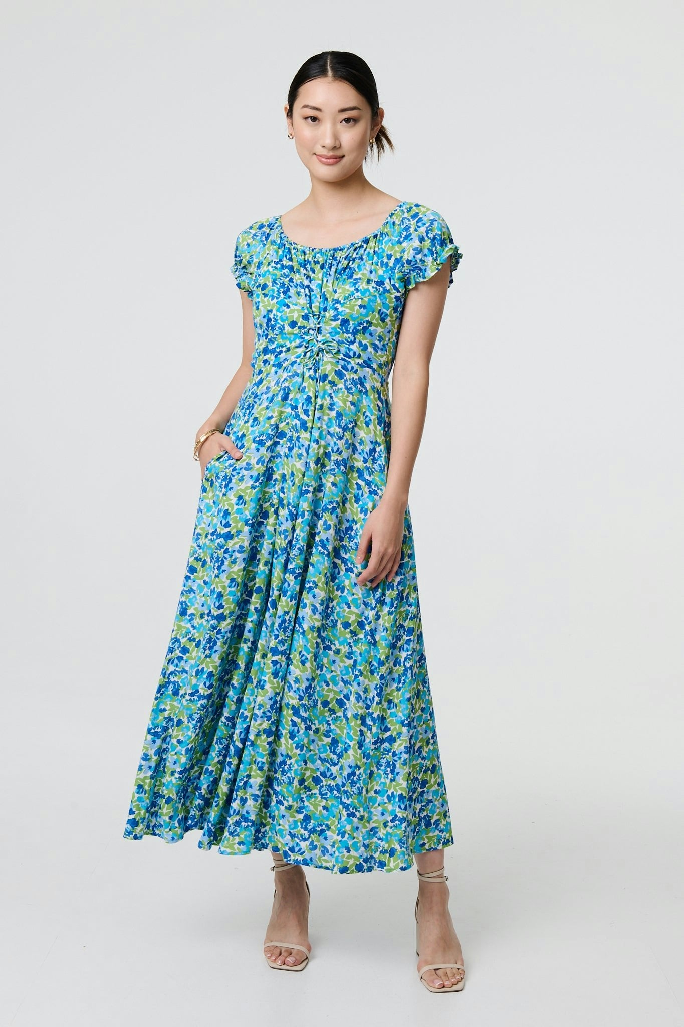 Izabel London Blue Ditsy Floral Bardot Smock Midi Dress - 14