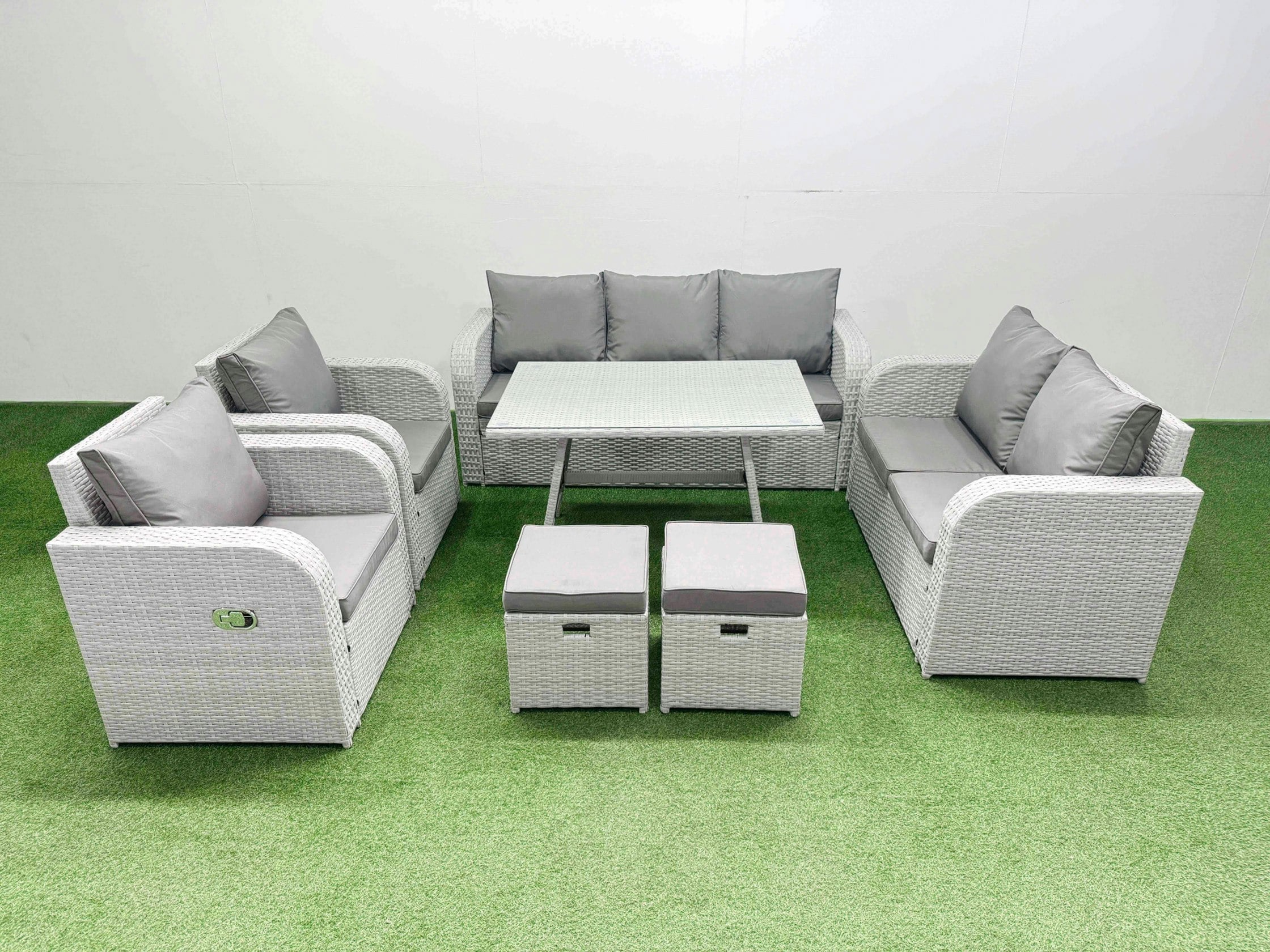 Fimous Light/Grey Pe Rattan Garden Furniture Set Outdoor Rectangular Dining Table Sofa Set With Reclining Chair 2 Small Stool