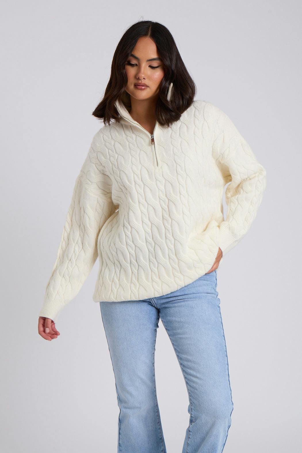 Urban Bliss White Cable Zip Neck Jumper - S