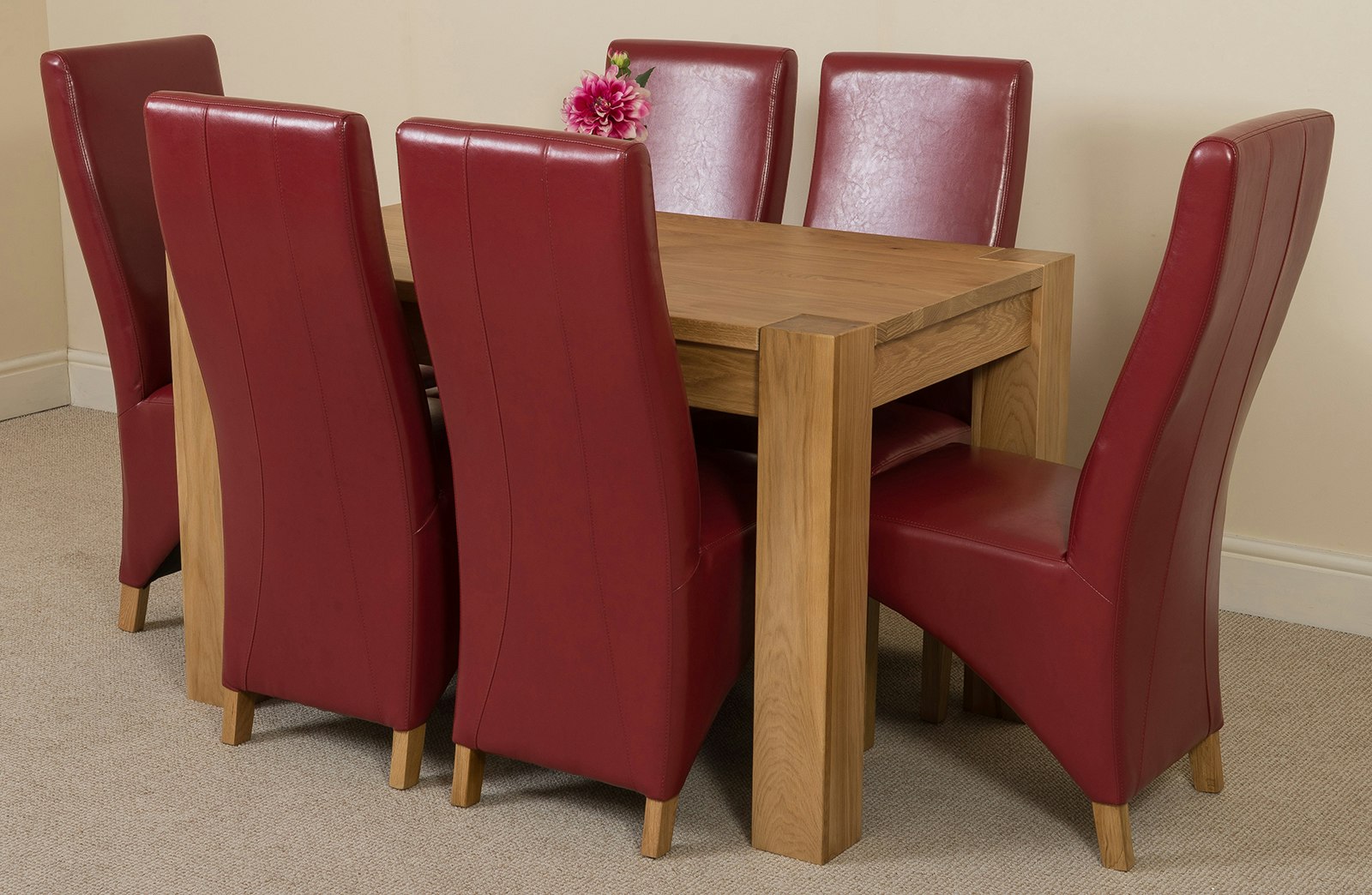 That's Furniture Burgundy Kuba Oak Dining Table With Lola Leather Chairs - 6 Chairs 125X80x77cm