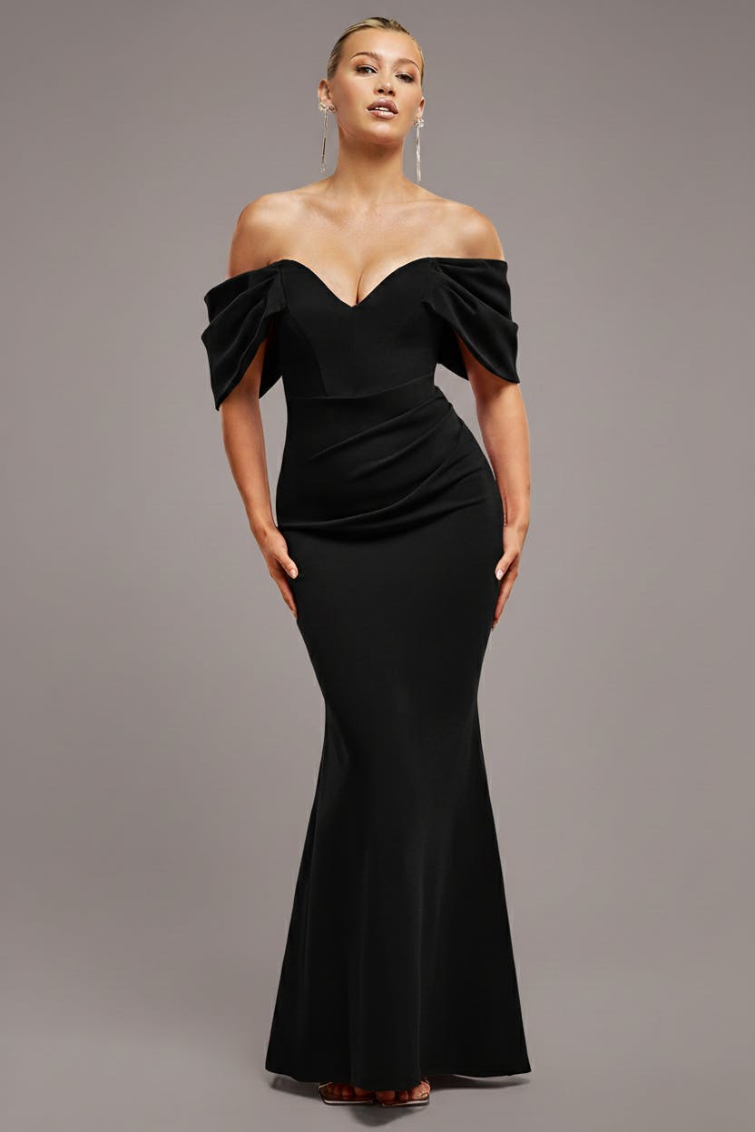 Goddiva Black Off The Shoulder Draped Sleeve Maxi Dress - By - 16