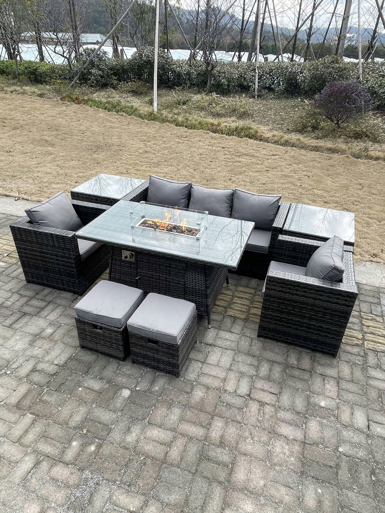 Rackhams Dark/Grey Outdoor Pe Rattan Garden Furniture Gas Fire Pit Dining Table Armchairs With 2 Side Coffee Table Stools Mixed