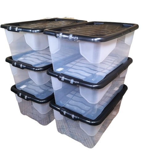 Rackhams Black 6 X 42L Clear Storage Box With Lid, Stackable And Nestable Design Storage Solution