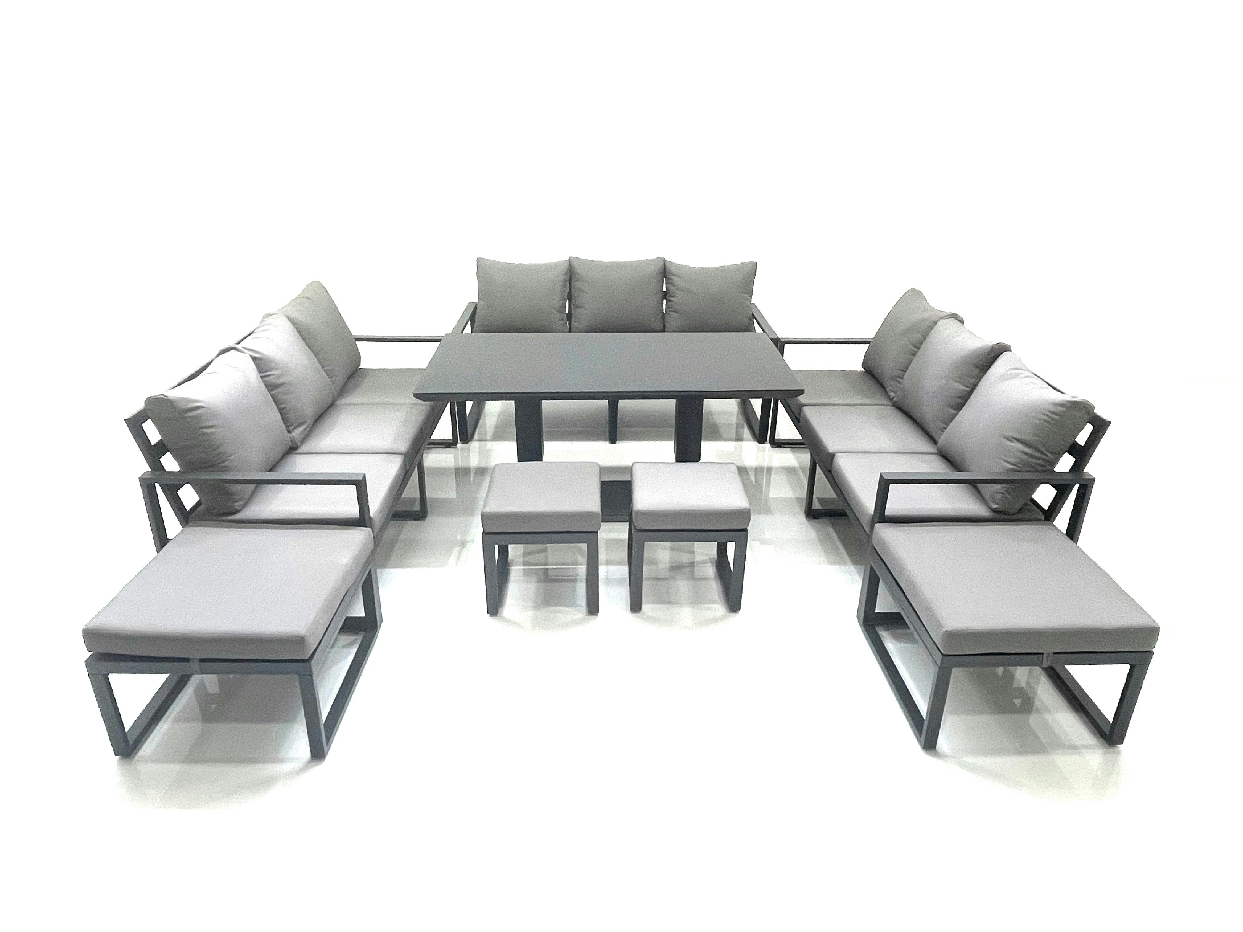 Fimous Dark/Grey 13 Seater Garden Sofa Set Aluminium Furniture Rising Dining Tabe Set With 4 Footstools