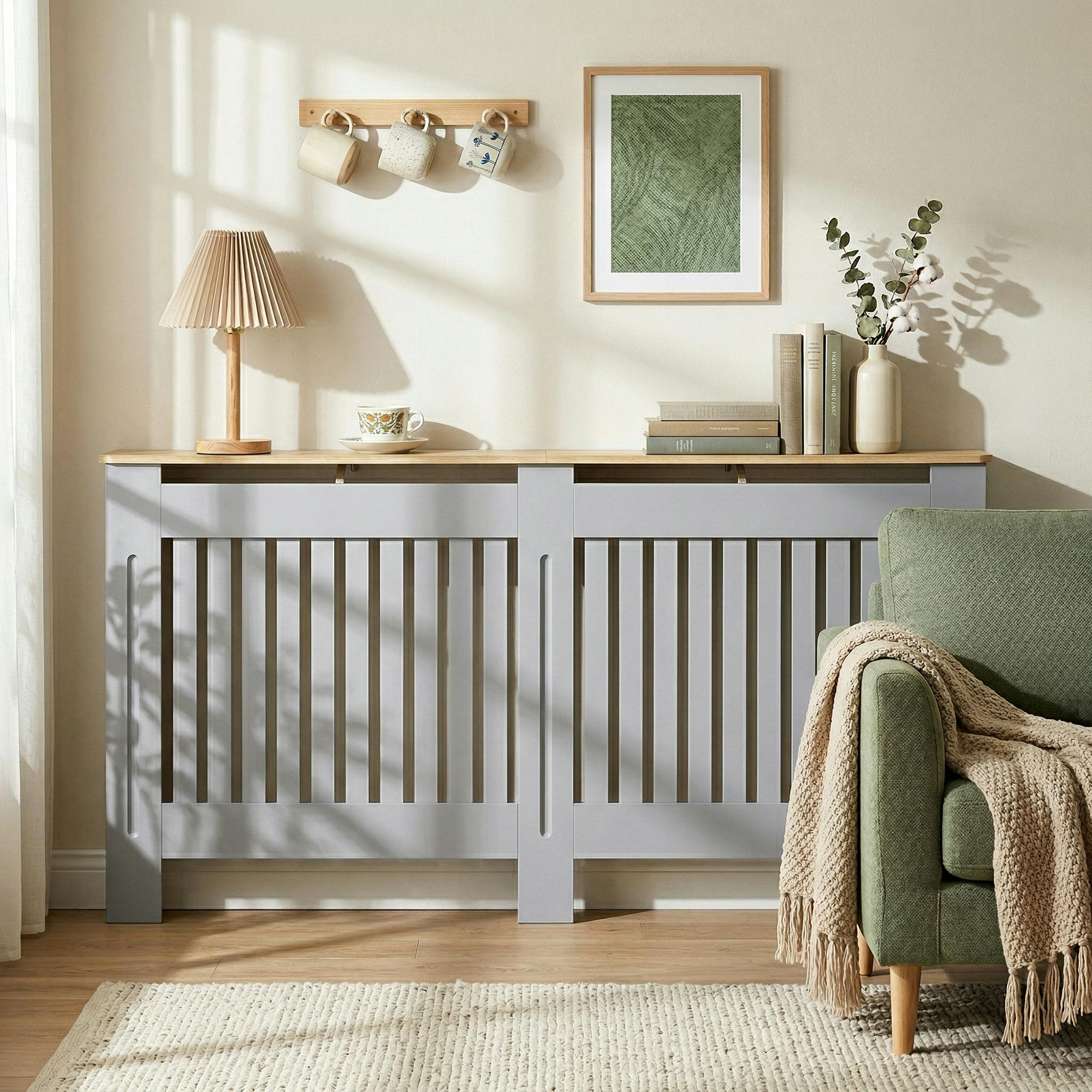 Homcom Grey Radiator Cover Painted Slatted Mdf Cabinet Lined Grill - 172X19x81cm