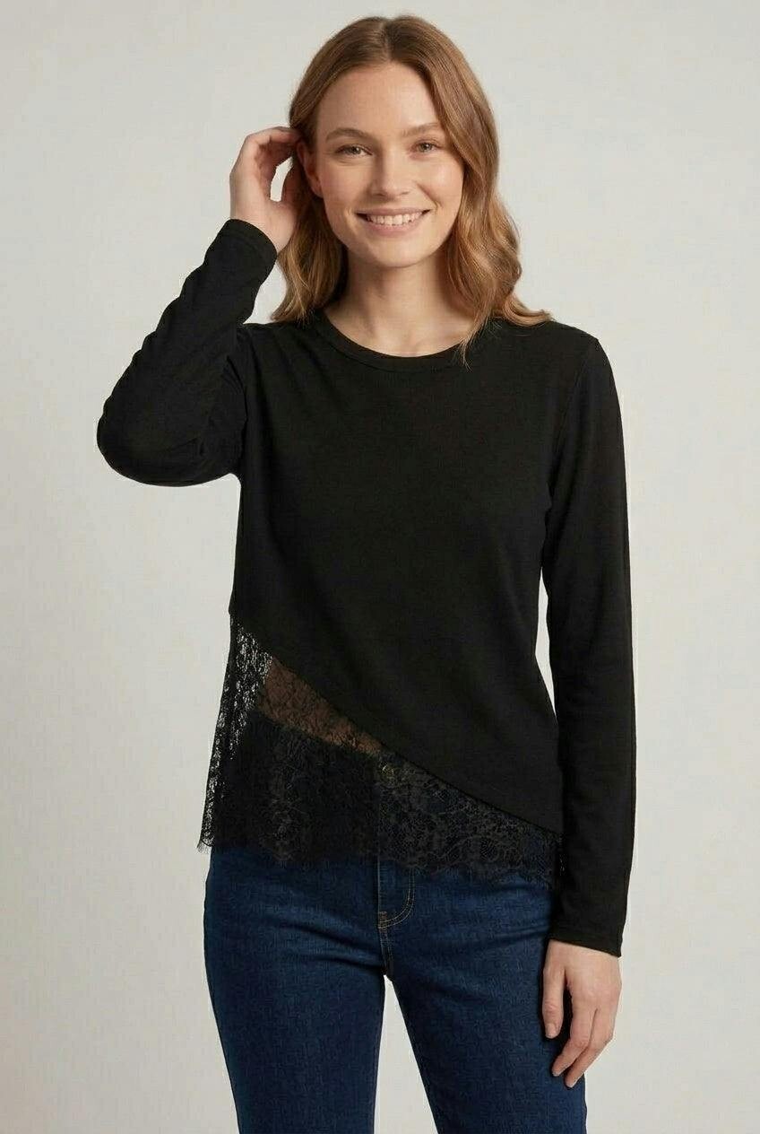 Izabel London Black Lace Trim Asymmetric Long Sleeve Top - 16