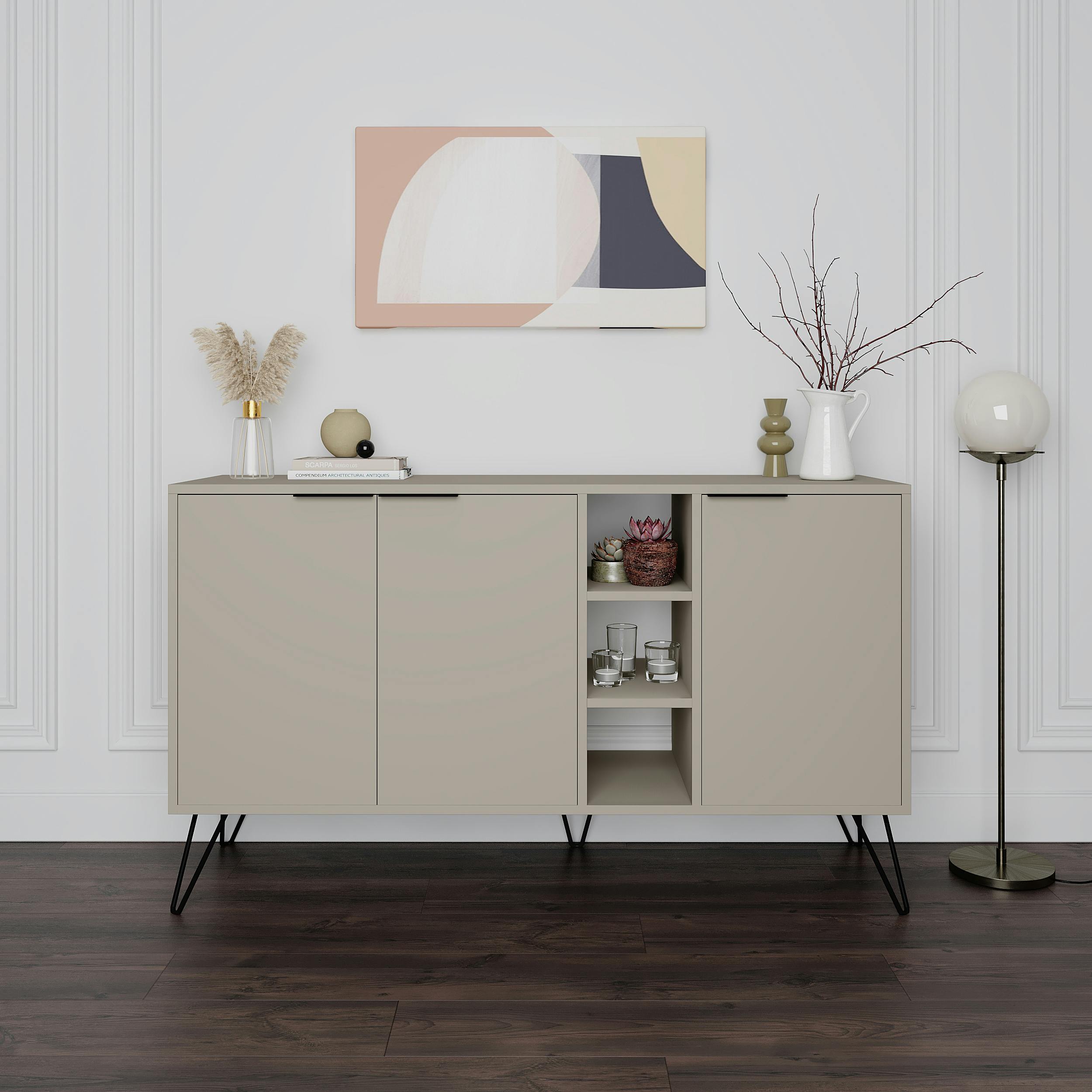 Rackhams Clara Sideboard Cabinet Modern Storage Shelves Hairpin Legs 142Cm - Sandstone