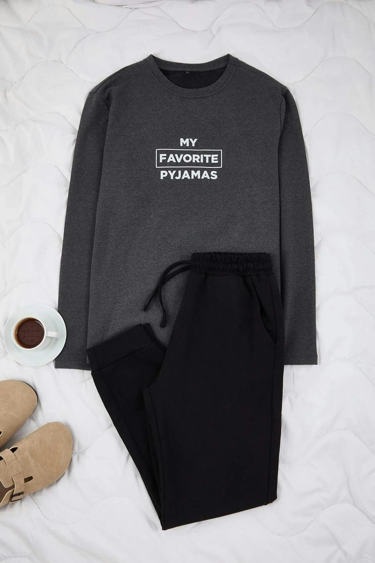 Wovcor Dark/Grey 2-Piece Regular Slogan Printed Knit Pajama Set - L