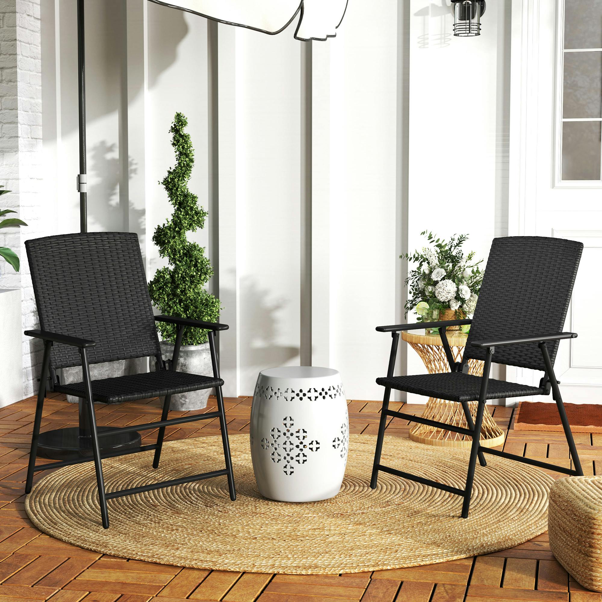 Rackhams Brown 2Pcs Rattan Chair Foldable Garden Furniture W/ Armrest