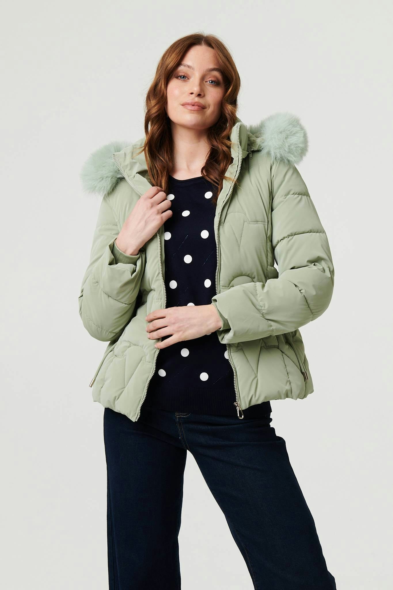Izabel London Green Faux Fur Trim Hooded Zip-Up Jacket - Xl